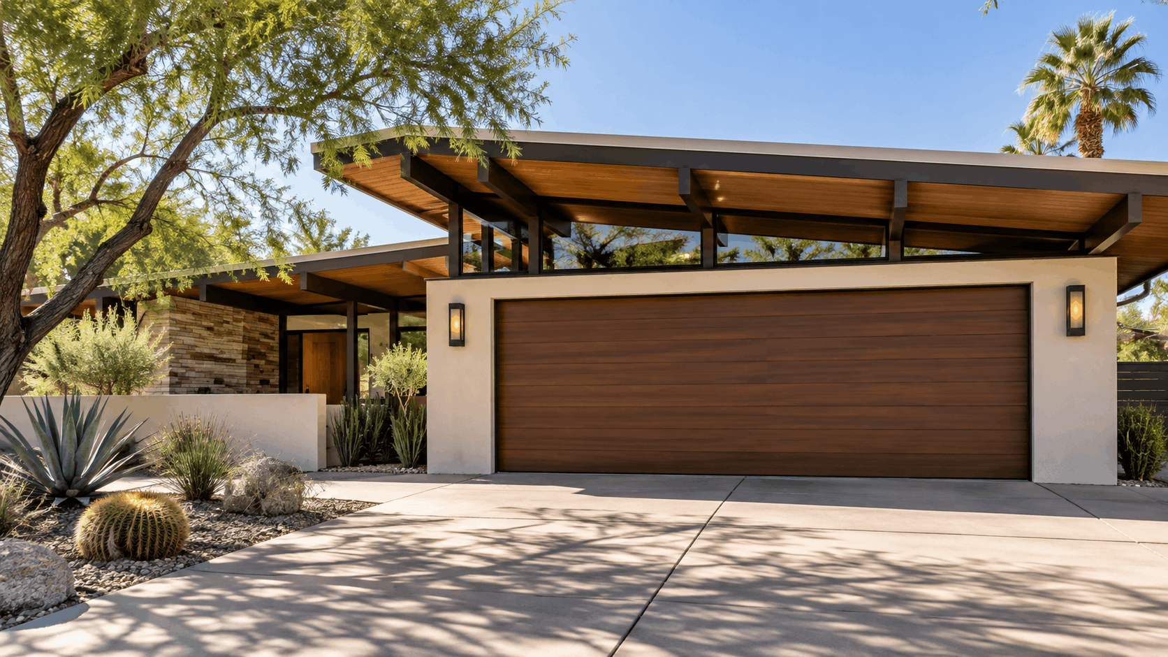 Mid-century modern home with wood-panel garage door in sunny Costa Mesa neighborhood