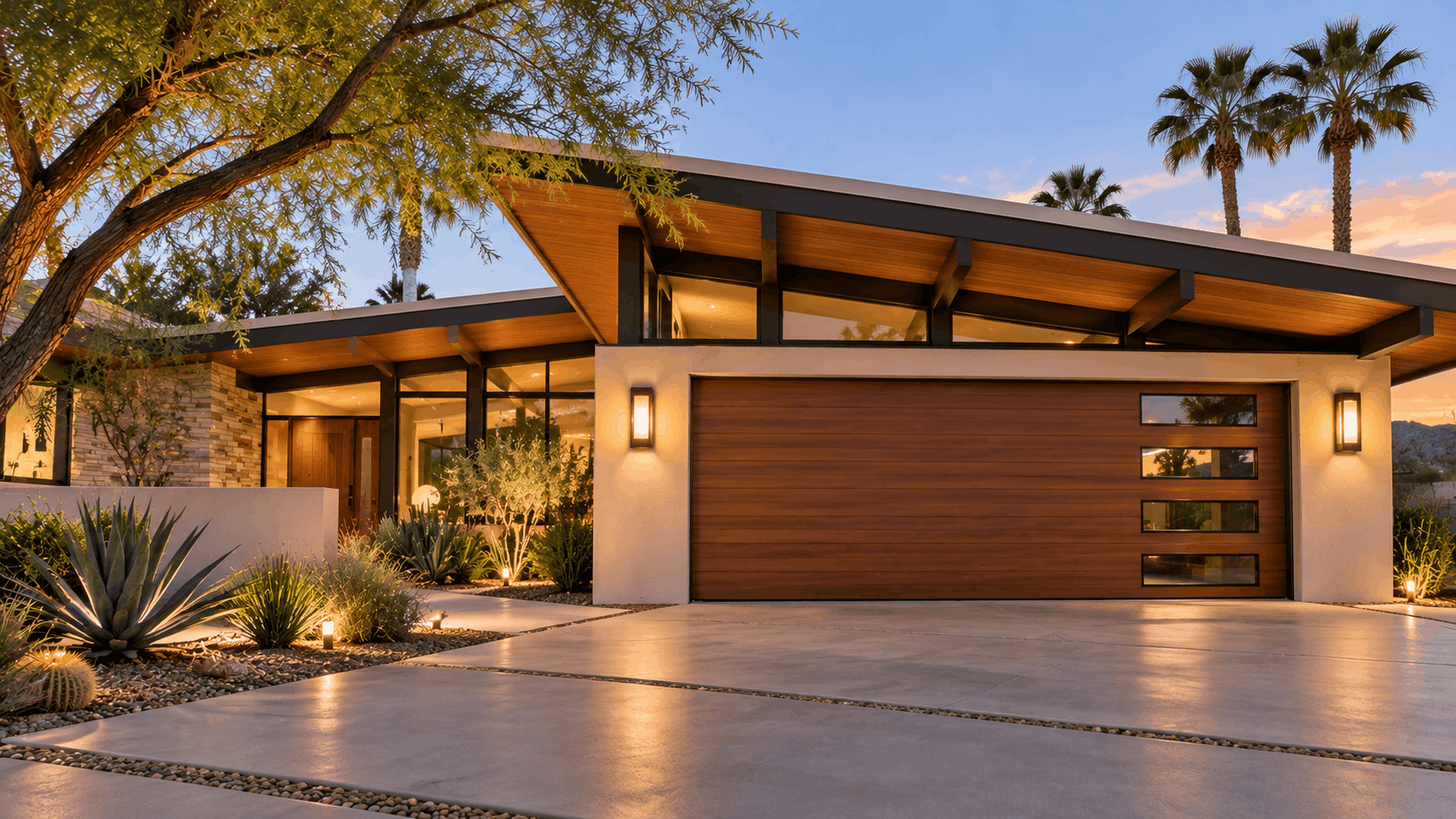 Mid-century modern home with wood-panel garage door in Irvine California at dusk