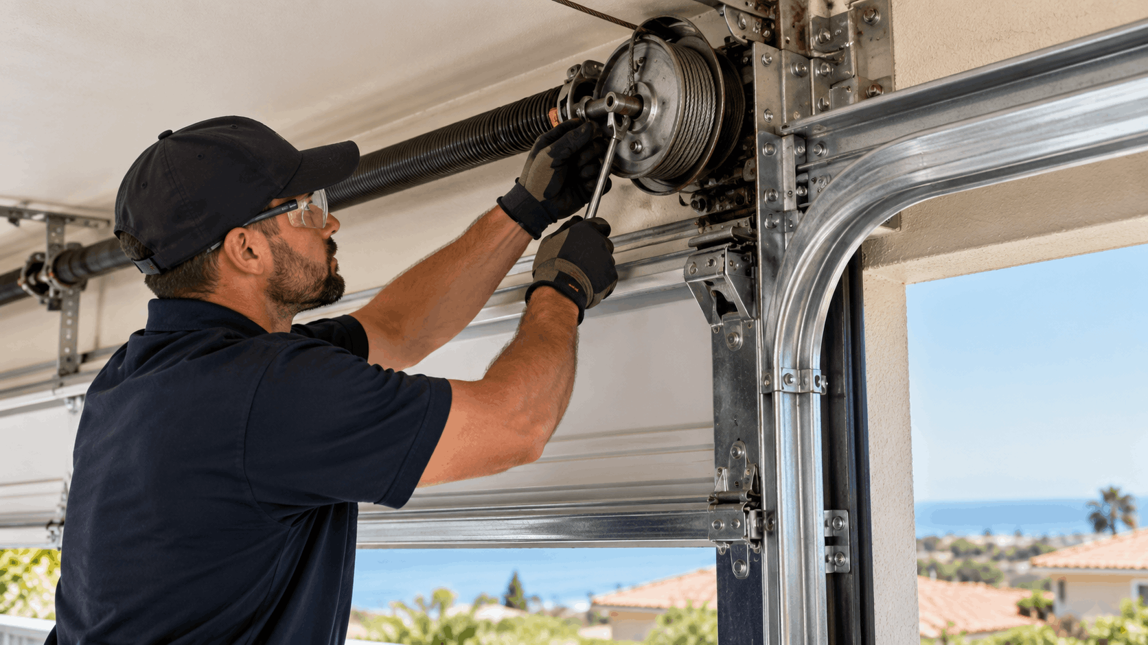 Garage door technician adjusting cable drum and torsion spring in Irvine home