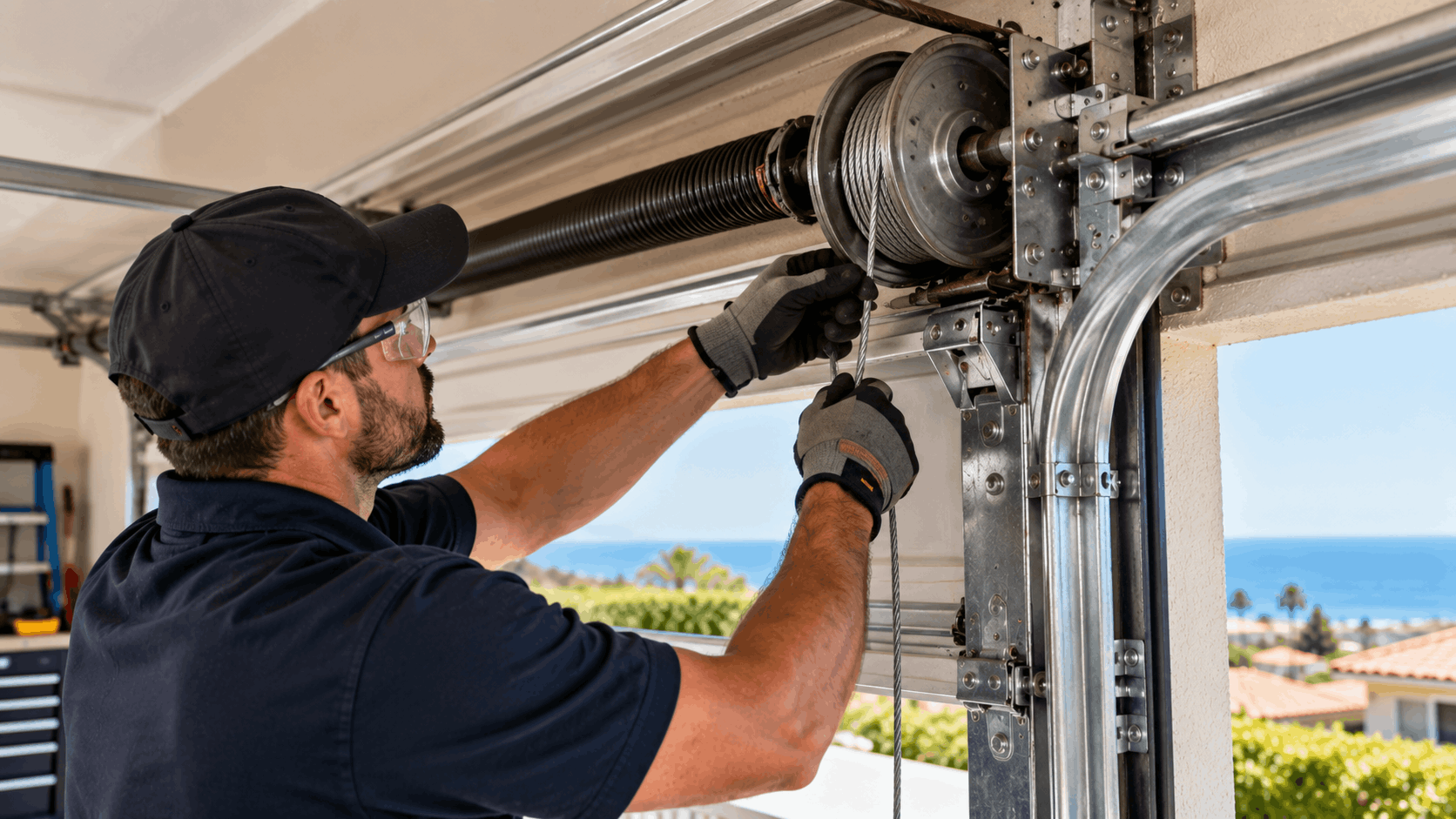 Technician repairing garage door torsion spring and cable drum in Irvine home