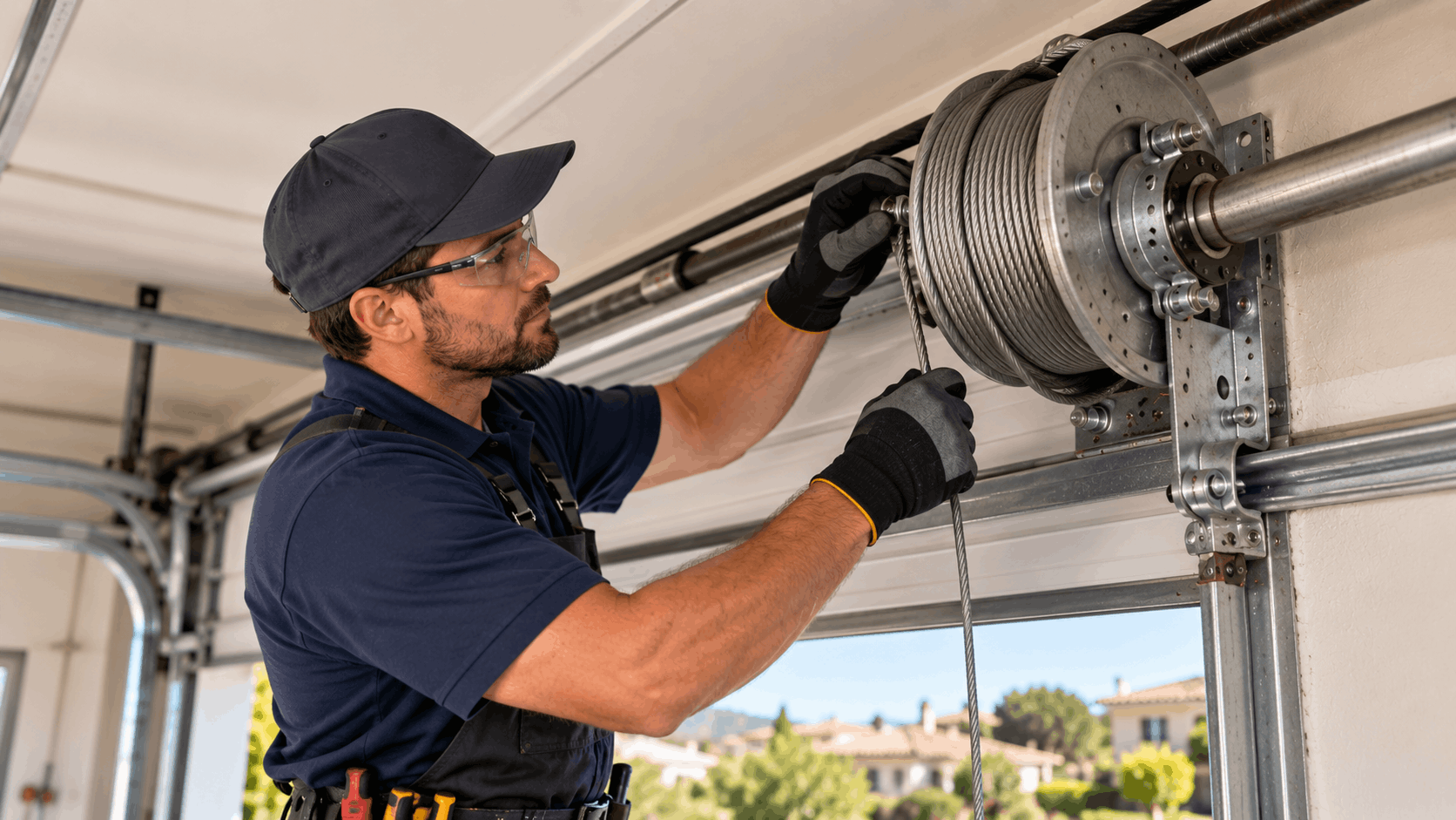 Garage door technician replacing cable and drum system in Irvine residential garage