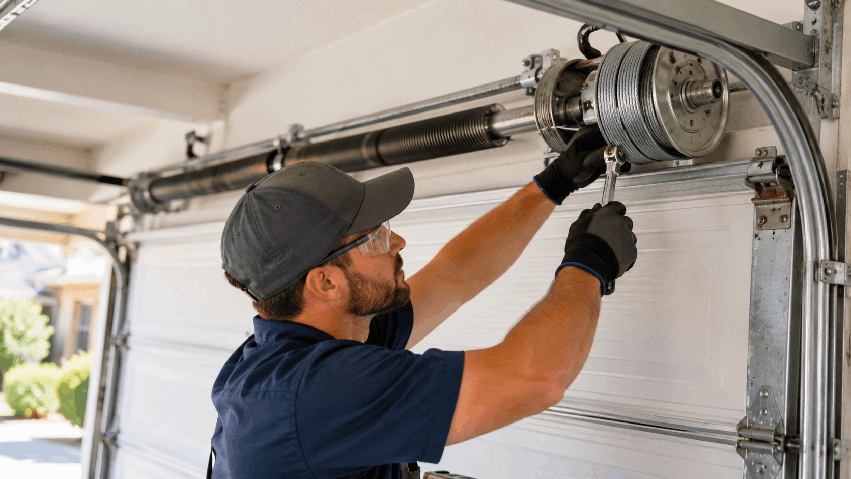 Technician replacing garage door cable and drum system in Orange County home