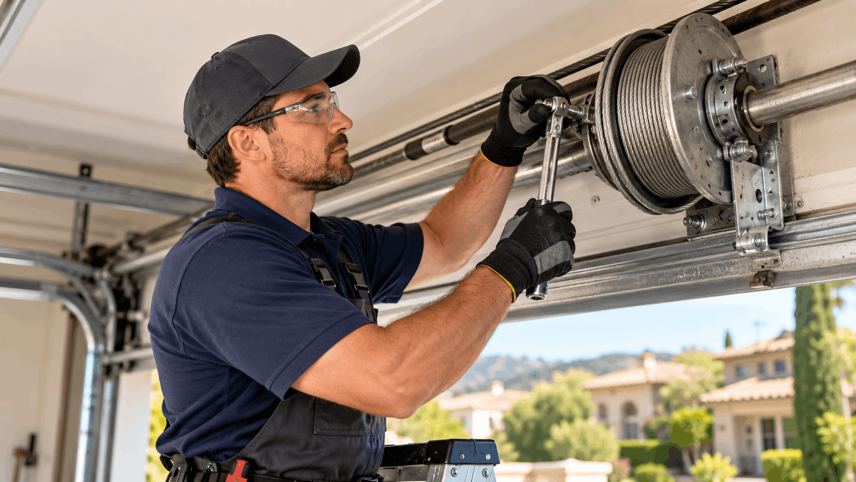 Professional garage door technician repairing cable drum and track system in Newport Coast home
