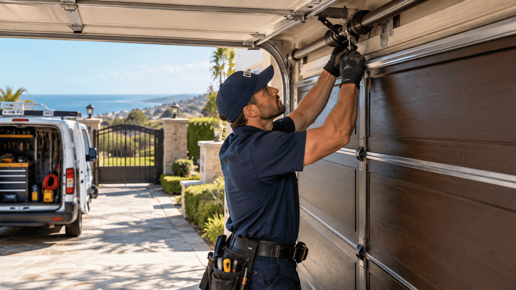Garage door technician repairing torsion spring mechanism at Irvine California residential property
