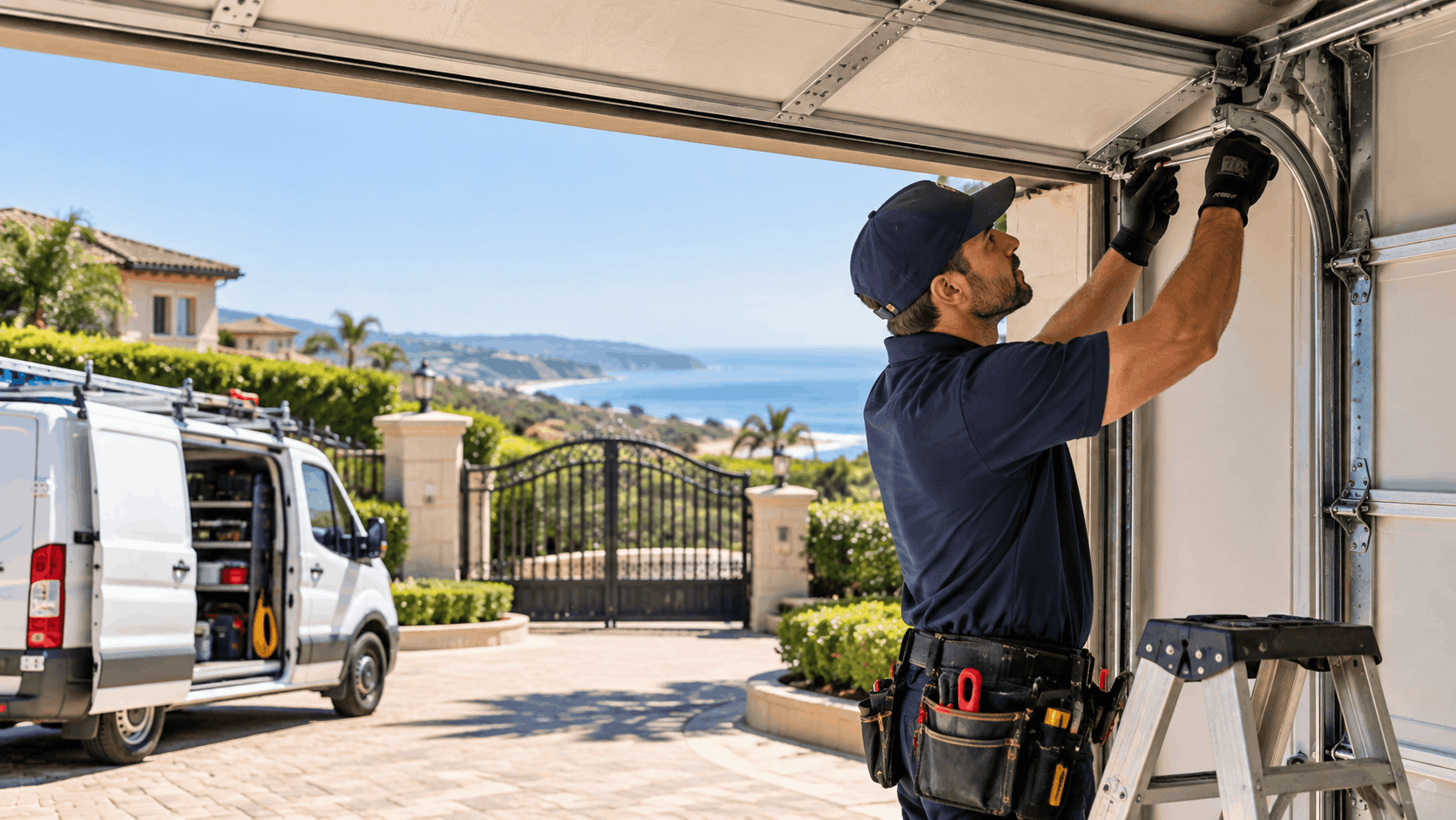 Technician repairing luxury estate garage door with ocean view in Irvine