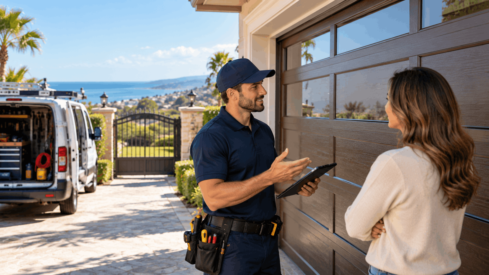 Garage door technician consulting homeowner about urgent garage door repair service in Newport Coast