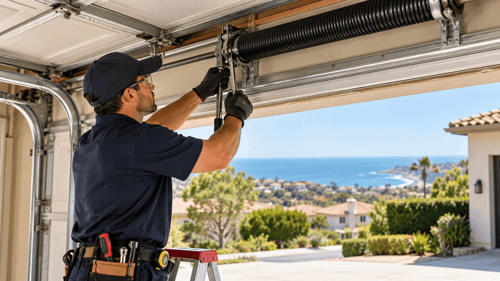 Technician replacing garage door torsion springs at Newport Coast luxury home