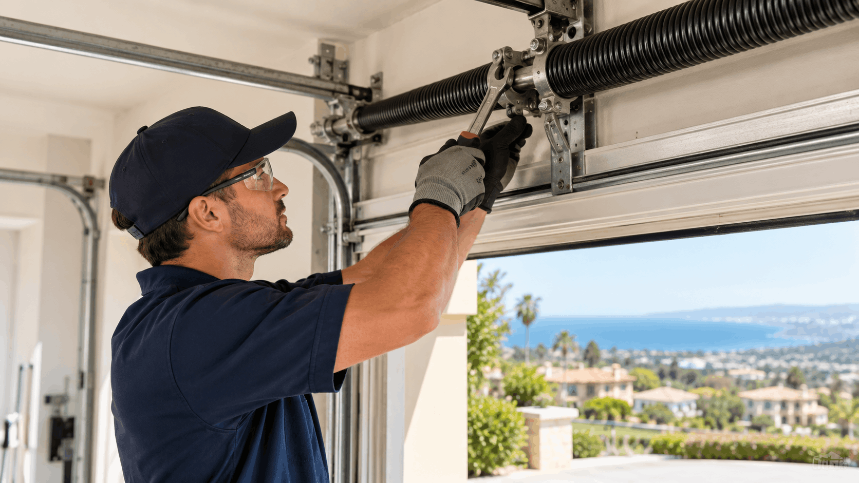 Garage door technician adjusting torsion springs during urgent repair service in Irvine