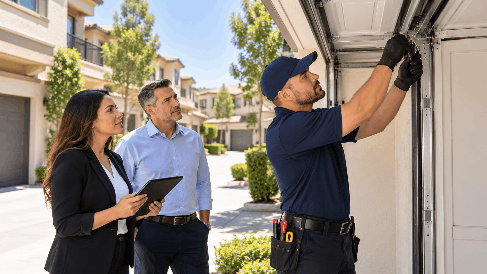 Garage door technician repairing track while property manager and owner observe in Tustin