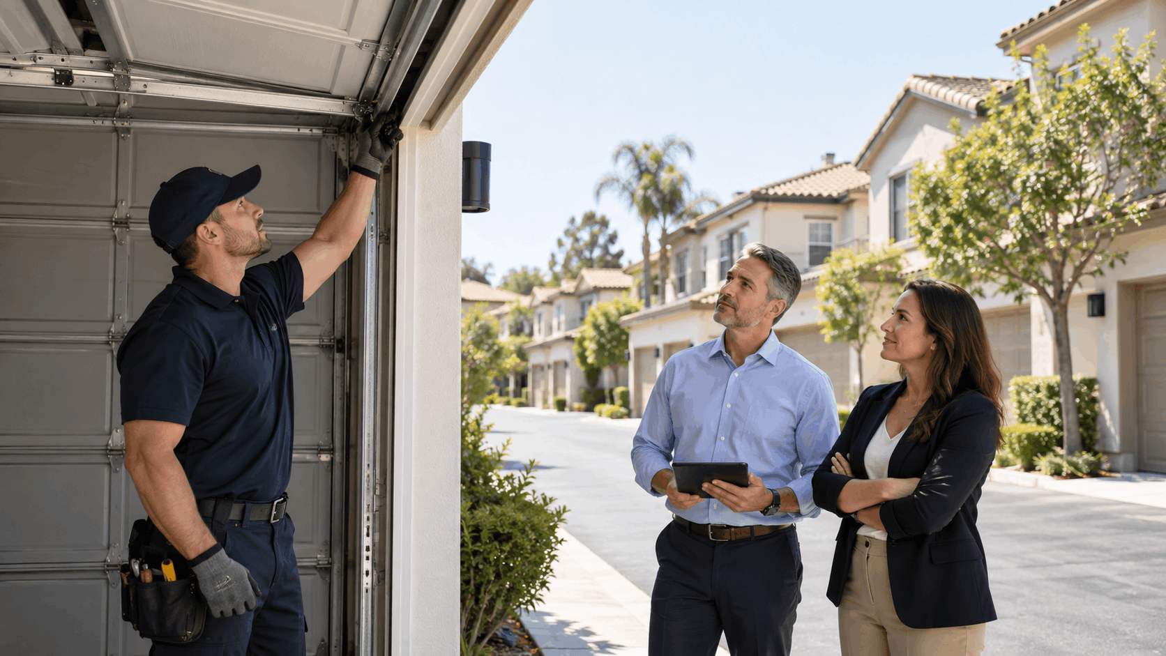 Garage door technician inspecting mechanism while property managers observe in Irvine neighborhood