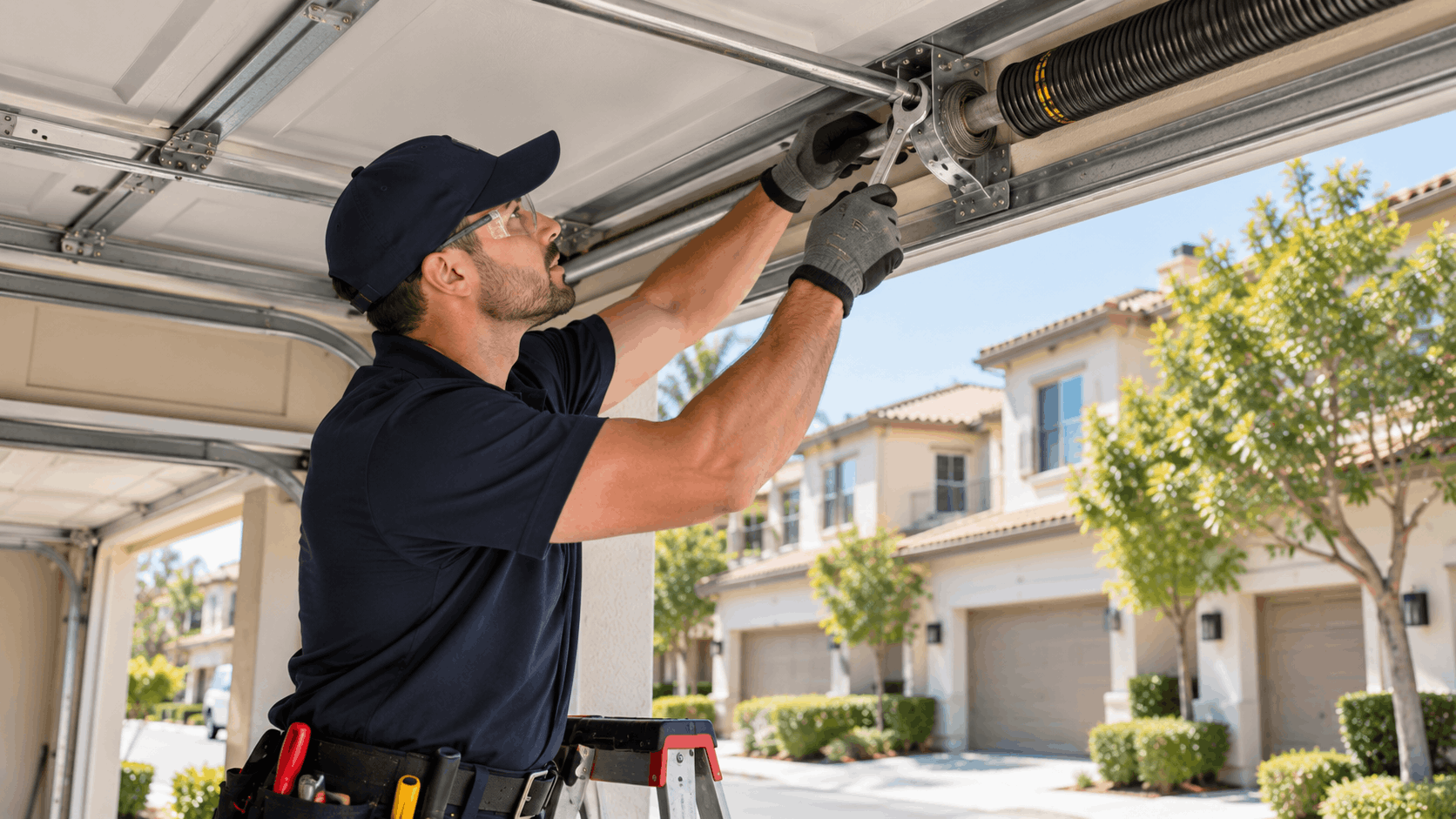 Professional technician repairing garage door torsion spring system in Irvine residential neighborhood