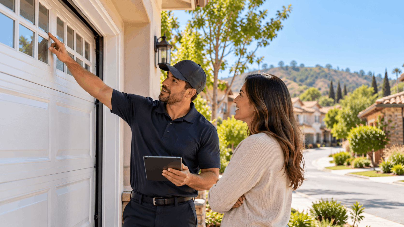 Garage door technician pointing at white garage door panel with homeowner in Tustin
