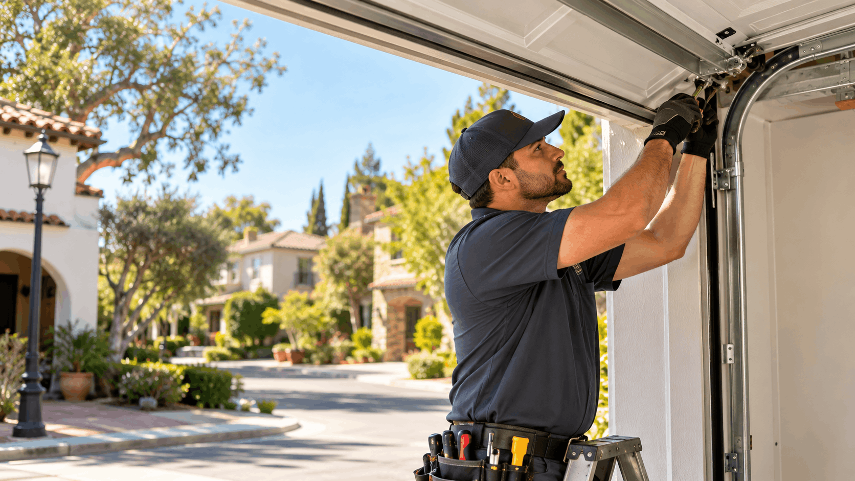Garage door technician repairing residential garage door in upscale Tustin neighborhood