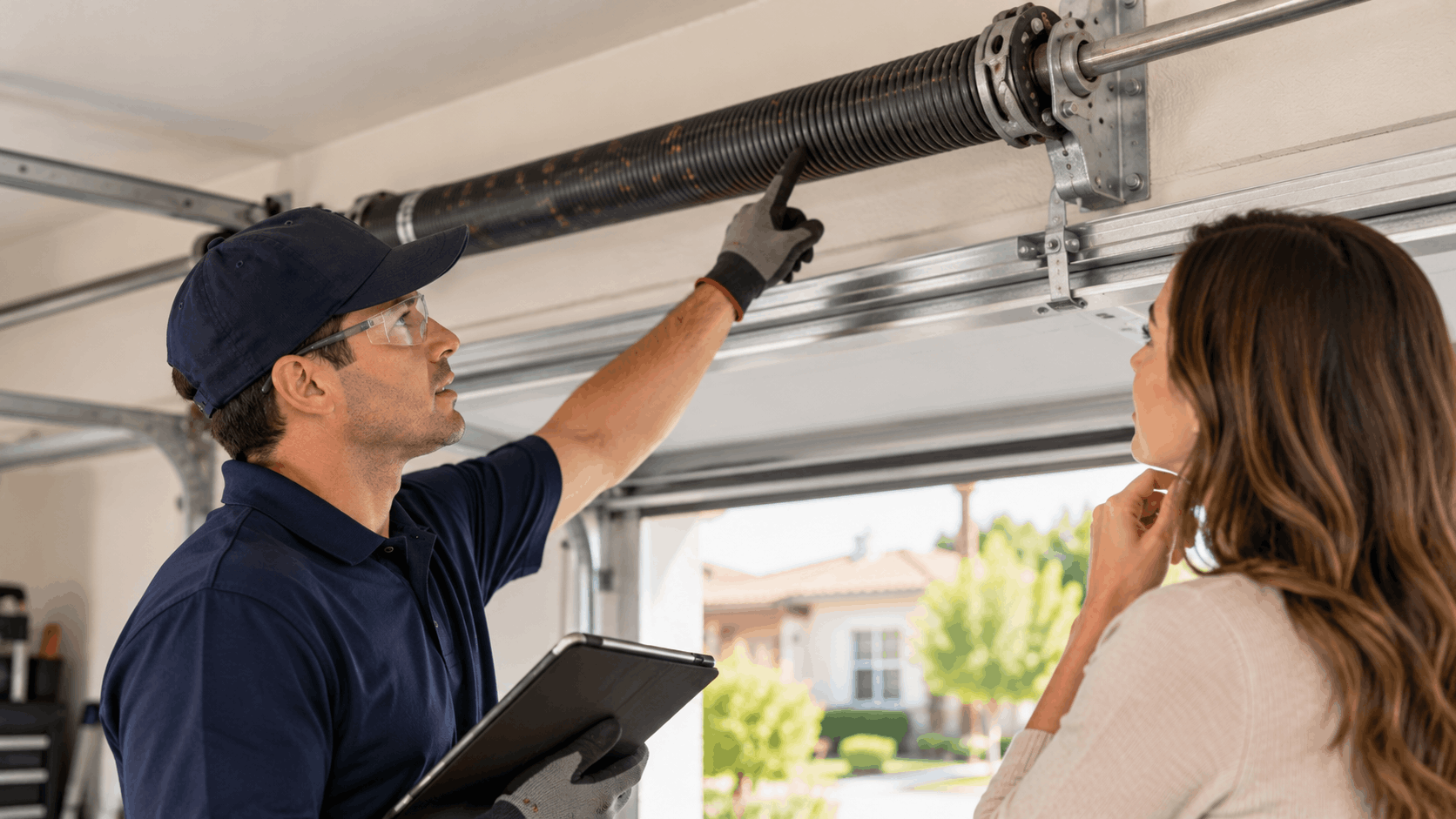 Garage door technician inspecting torsion spring while explaining repair costs to homeowner