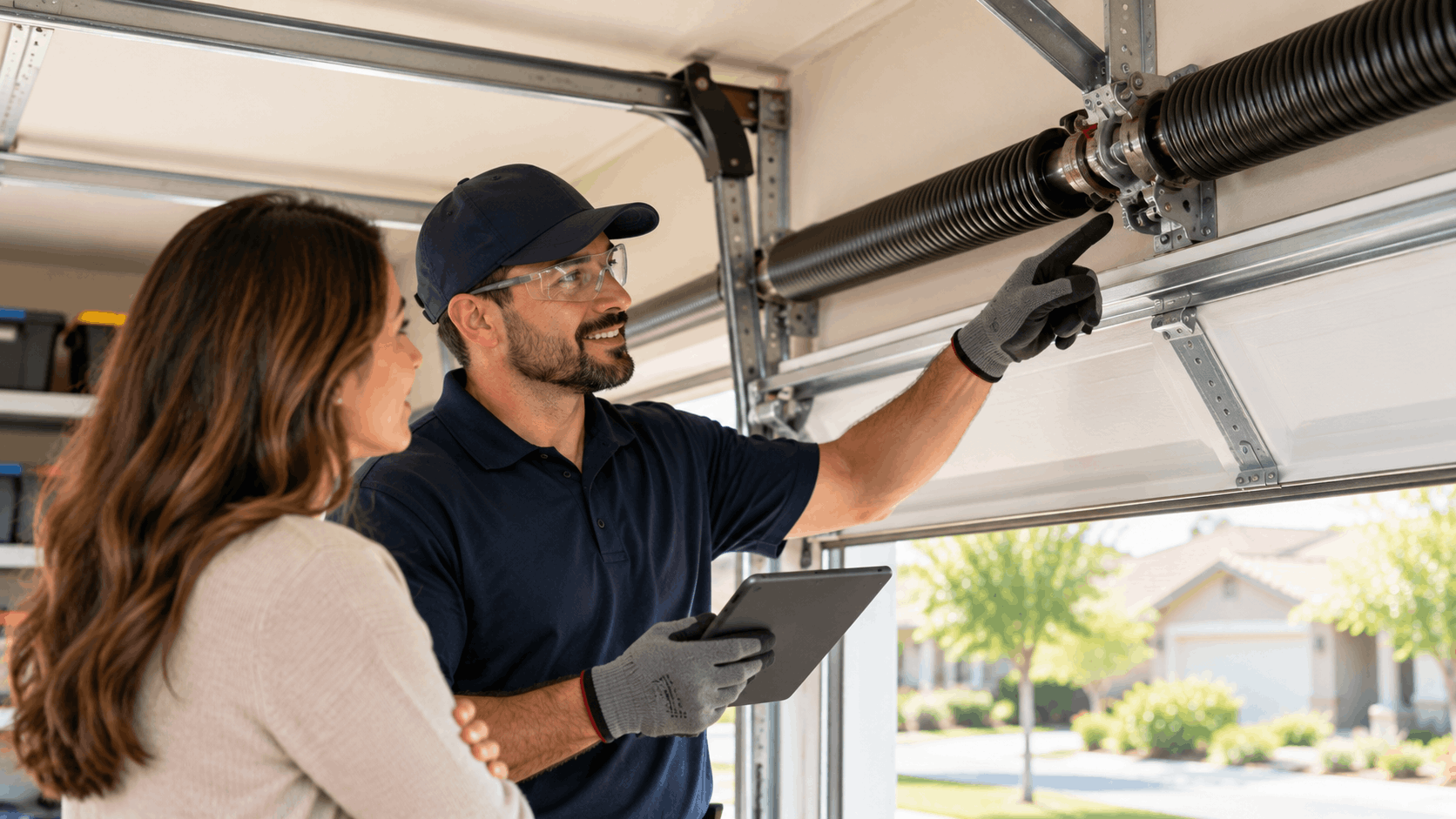 Garage door technician explaining torsion spring repair costs to Irvine homeowner
