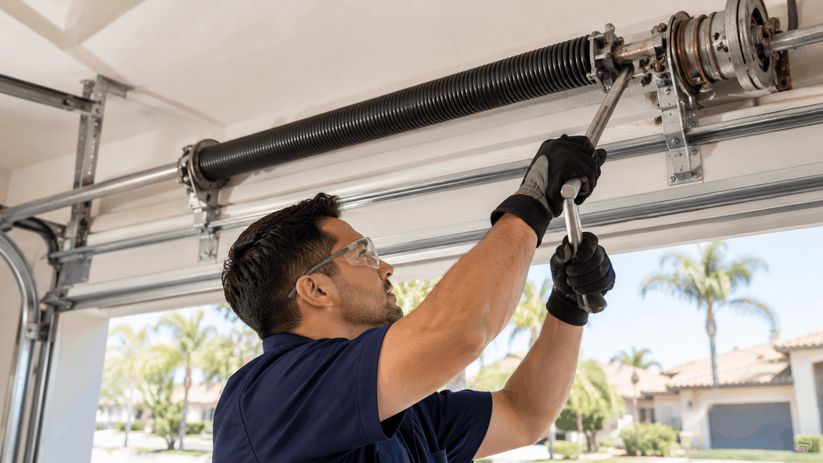 Licensed garage door technician adjusting torsion spring system in Irvine residential garage
