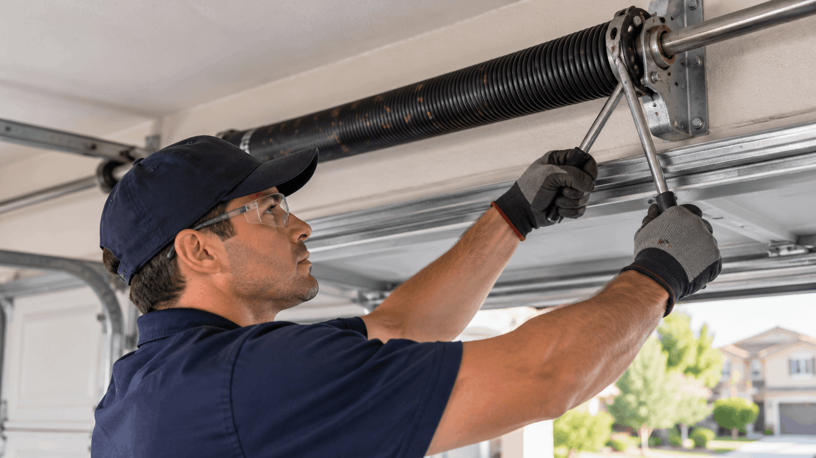 Garage door technician adjusting torsion spring with winding bars in Irvine
