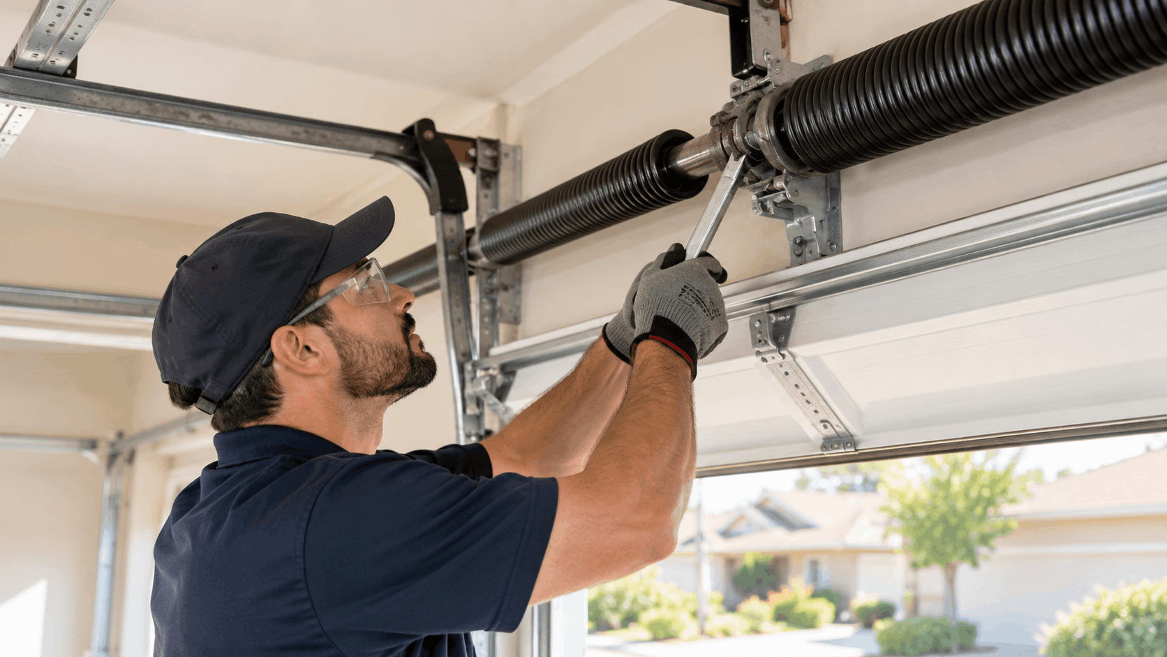 Professional technician repairing garage door torsion springs in Irvine with safety gear