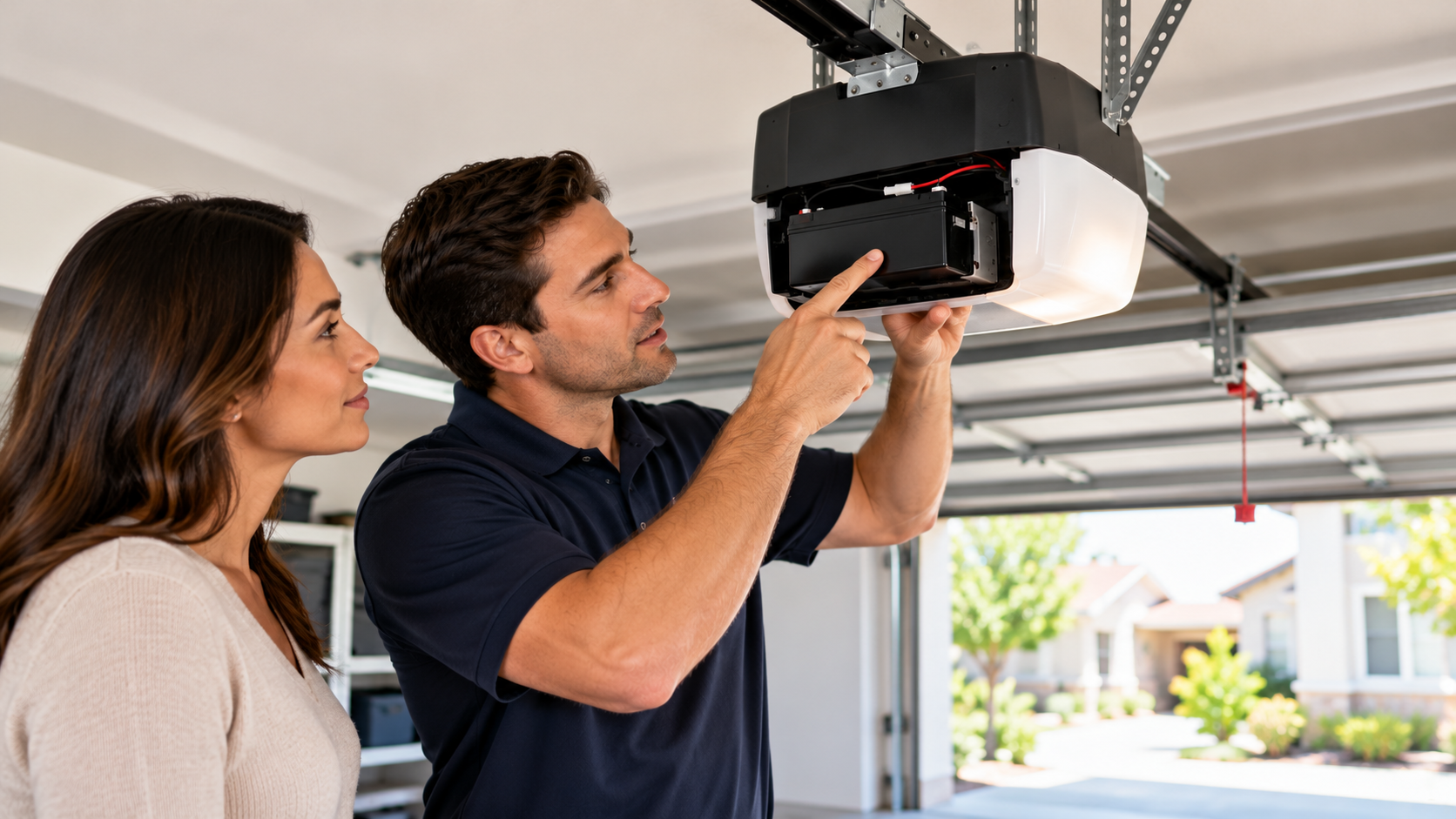 Technician explaining garage door opener backup battery to Irvine homeowner during inspection