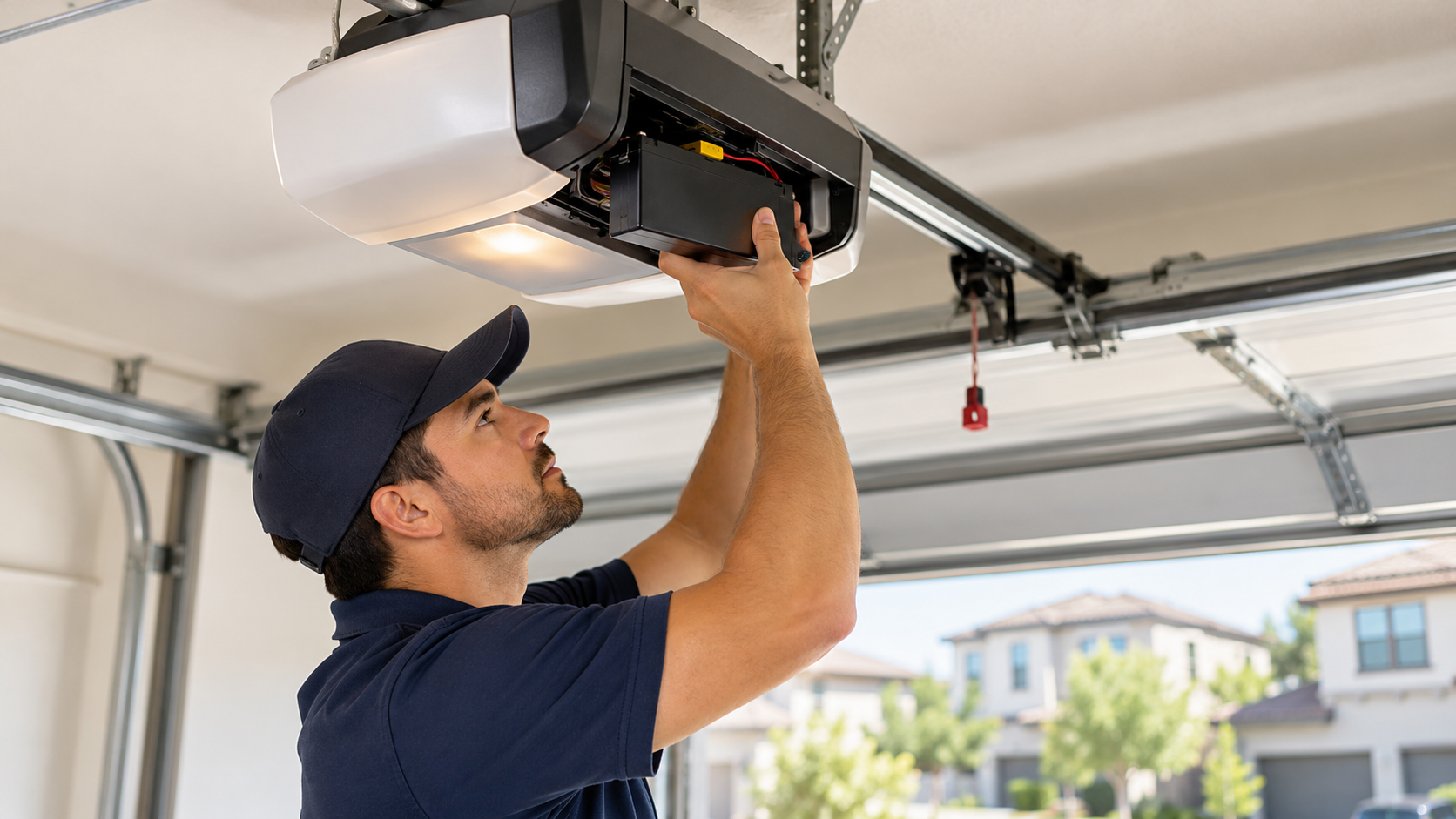 Technician inspecting garage door opener battery backup unit on ceiling rail