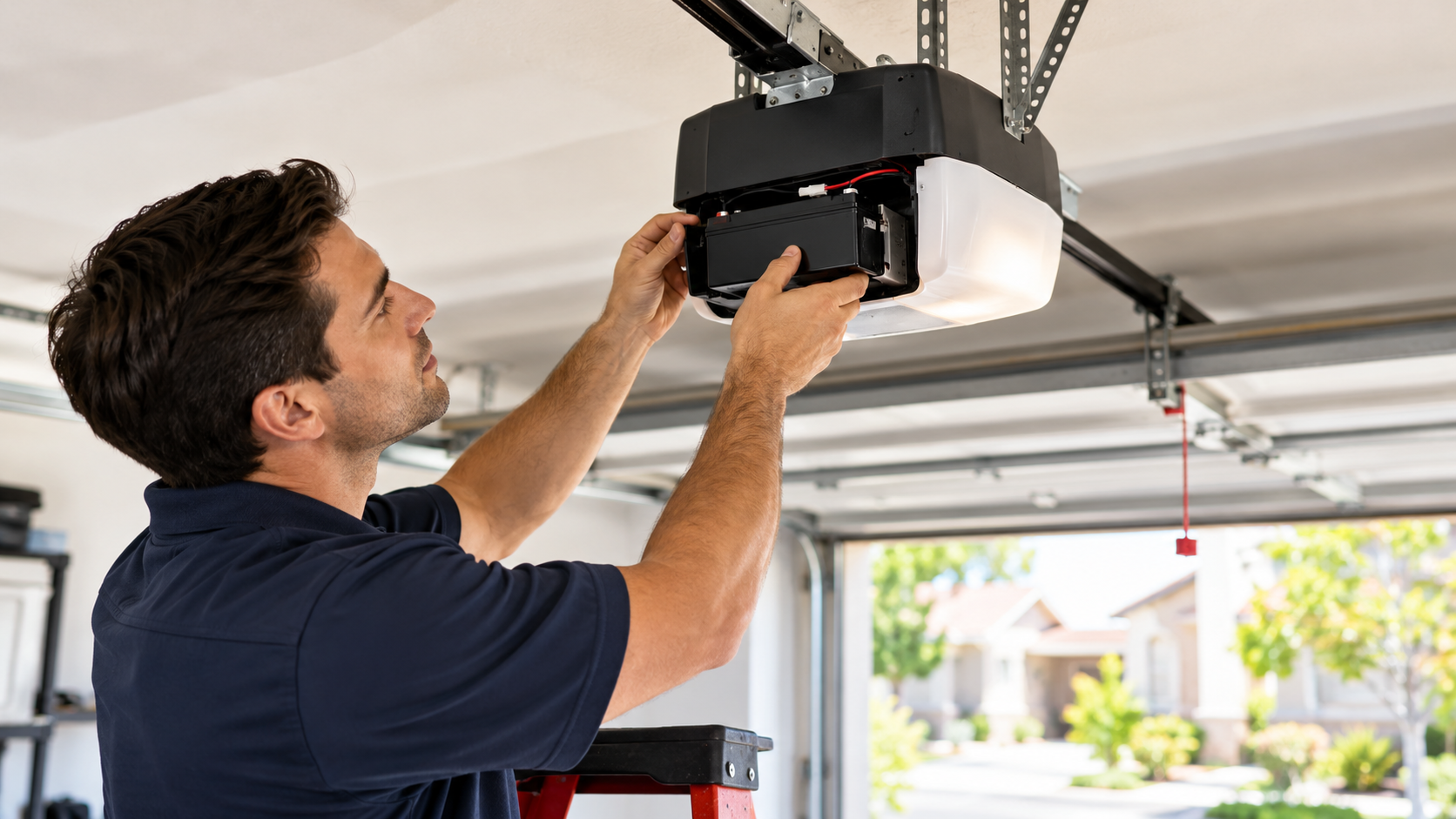 Technician installing garage door opener battery backup on ceiling-mounted unit in Irvine home