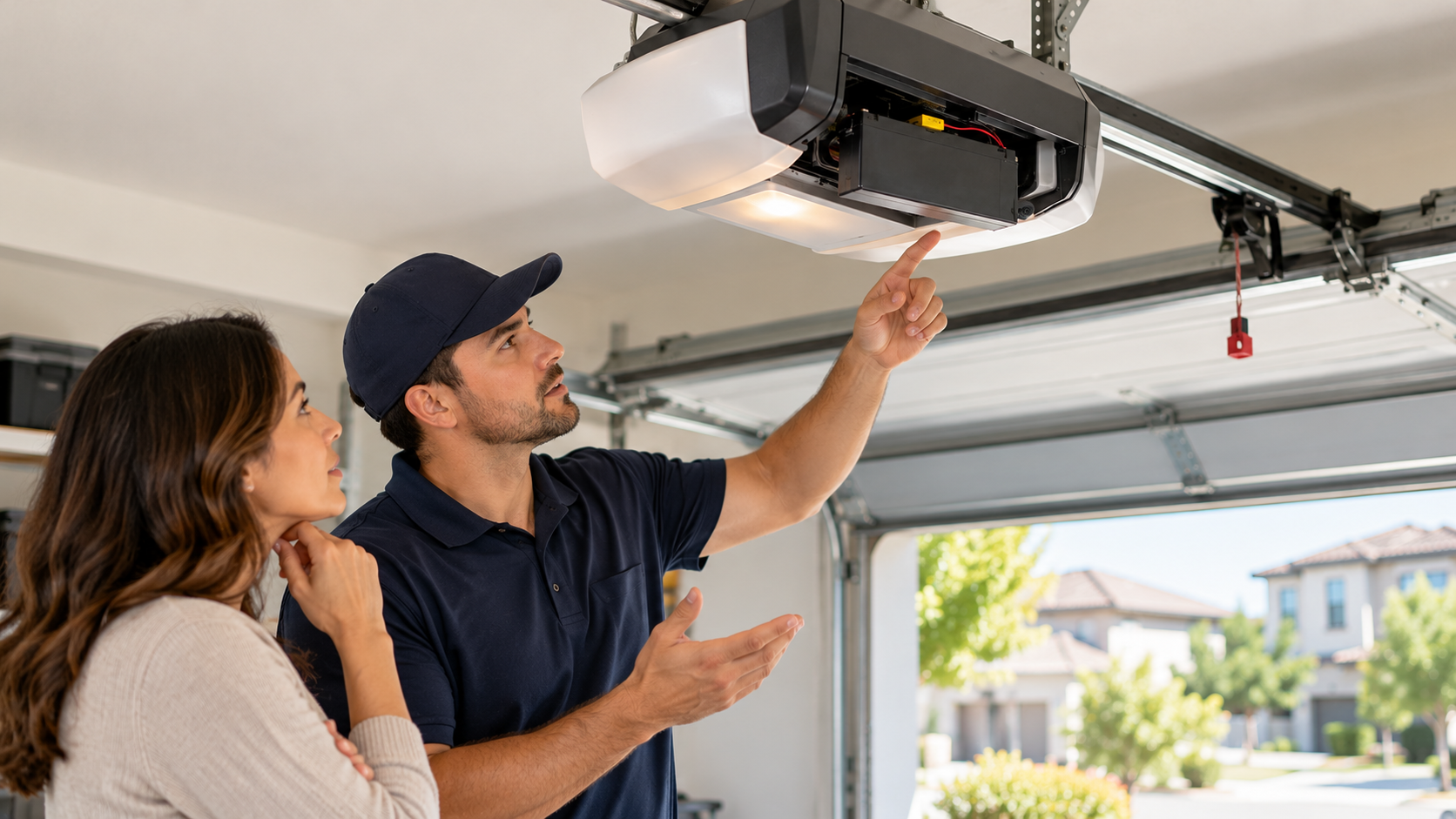 Garage door technician explaining opener repair to Tustin homeowner in residential garage