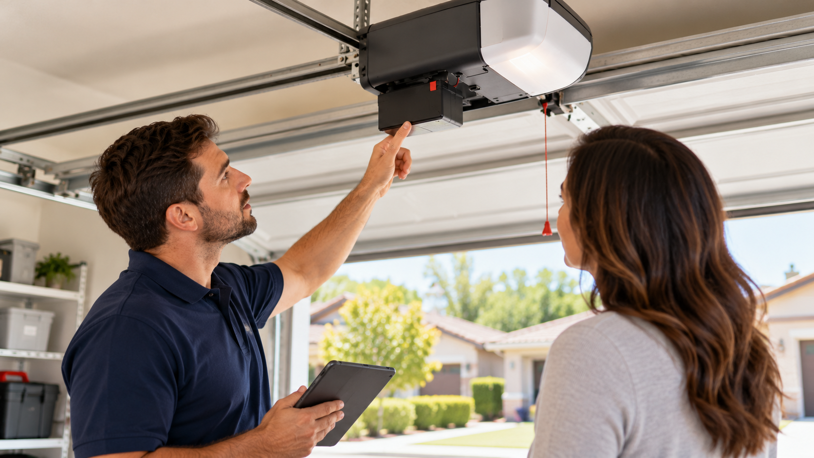 Technician pointing at garage door opener unit while explaining to homeowner in Irvine