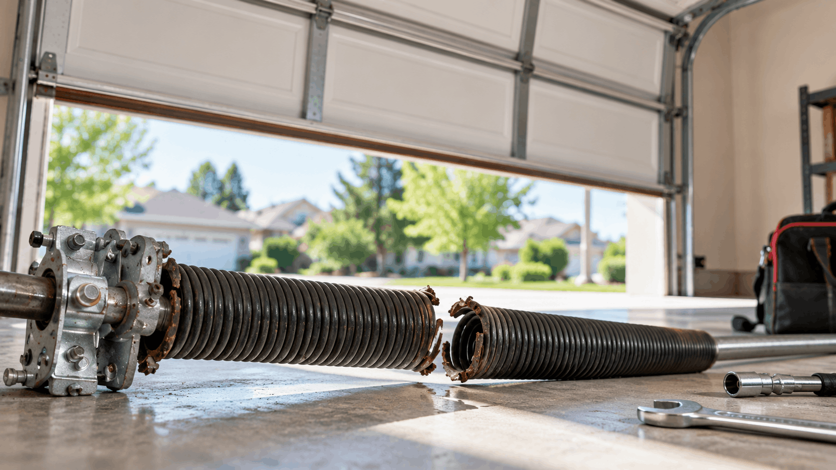 Broken garage door torsion spring lying on floor with tools in Irvine garage