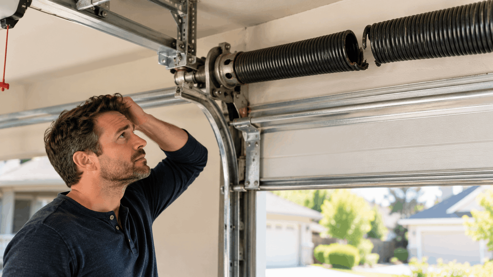 Man inspecting broken garage door torsion spring in Cowan Heights Irvine home