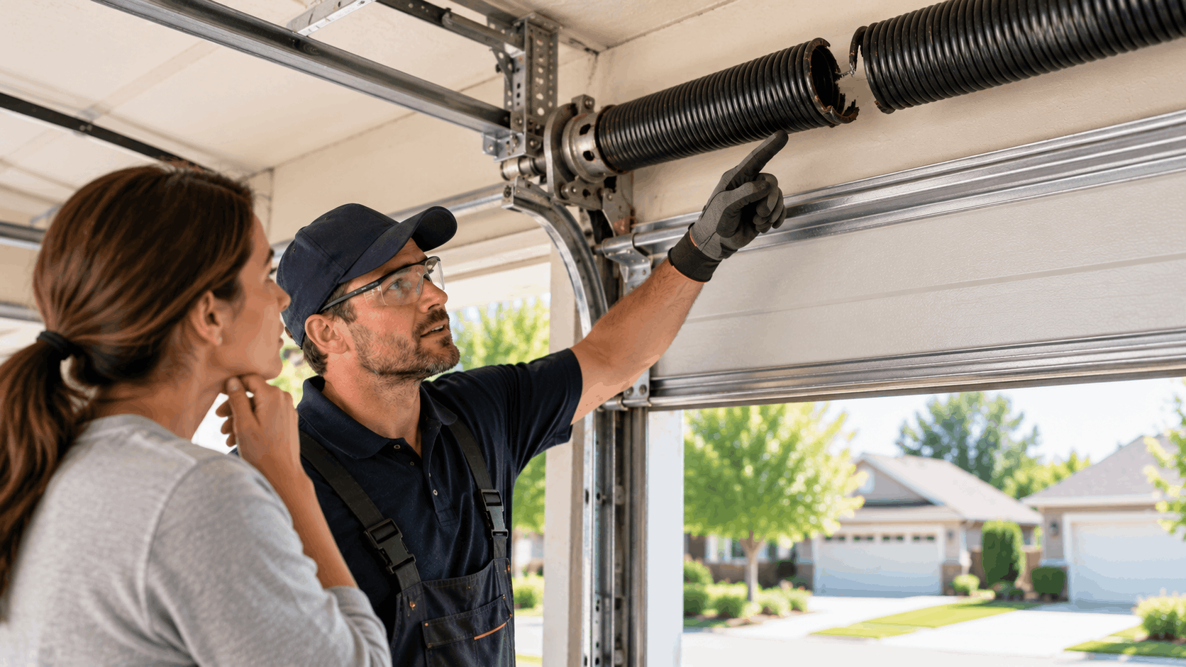 Garage door technician pointing at broken torsion spring explaining repair cost to homeowner