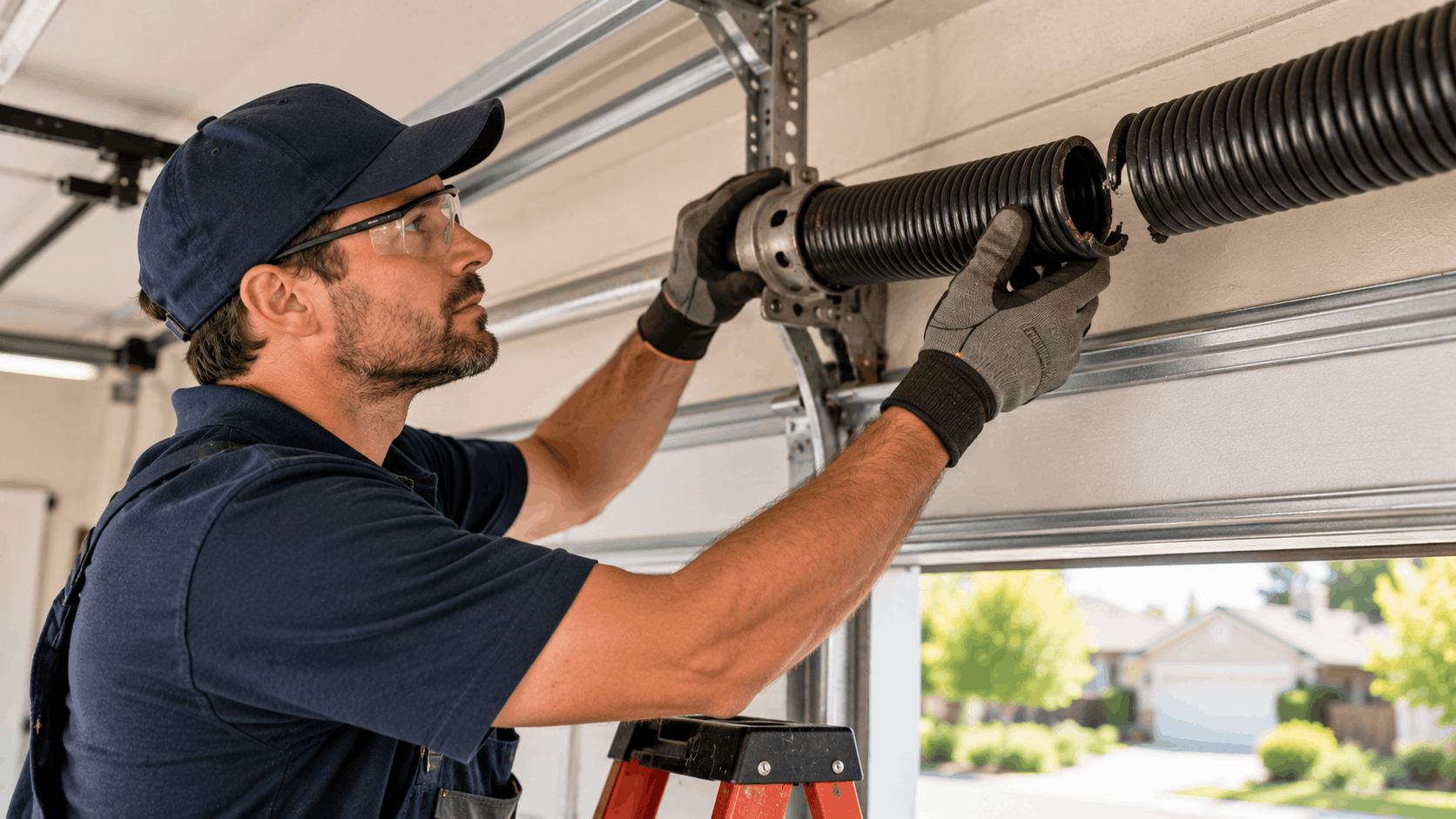 Garage door technician in Irvine repairing broken torsion spring on ladder