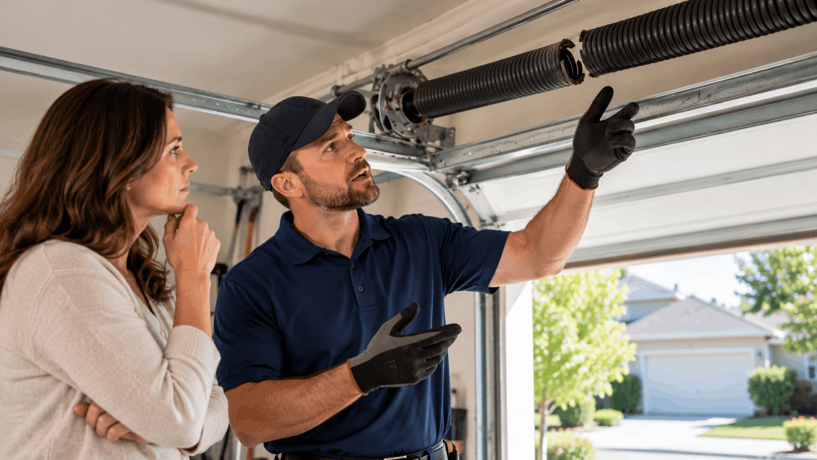 Garage door technician explaining broken torsion spring repair to Irvine homeowner