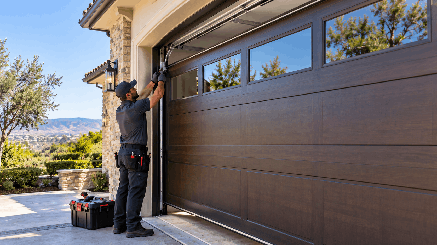 Garage door technician installing new brown wood-grain door with windows in Lemon Heights