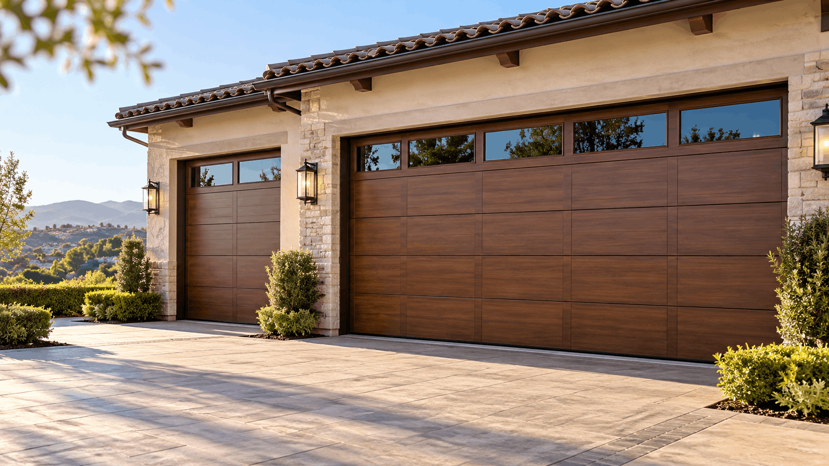 Modern wood-grain garage doors with windows on Irvine home exterior