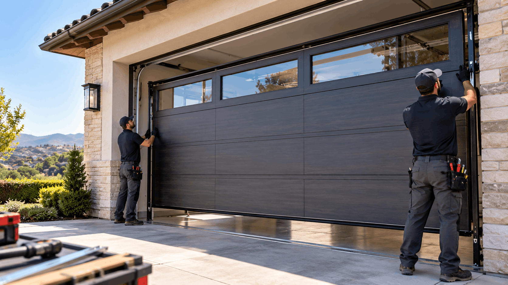 Two technicians installing a modern dark gray custom garage door in Lemon Heights
