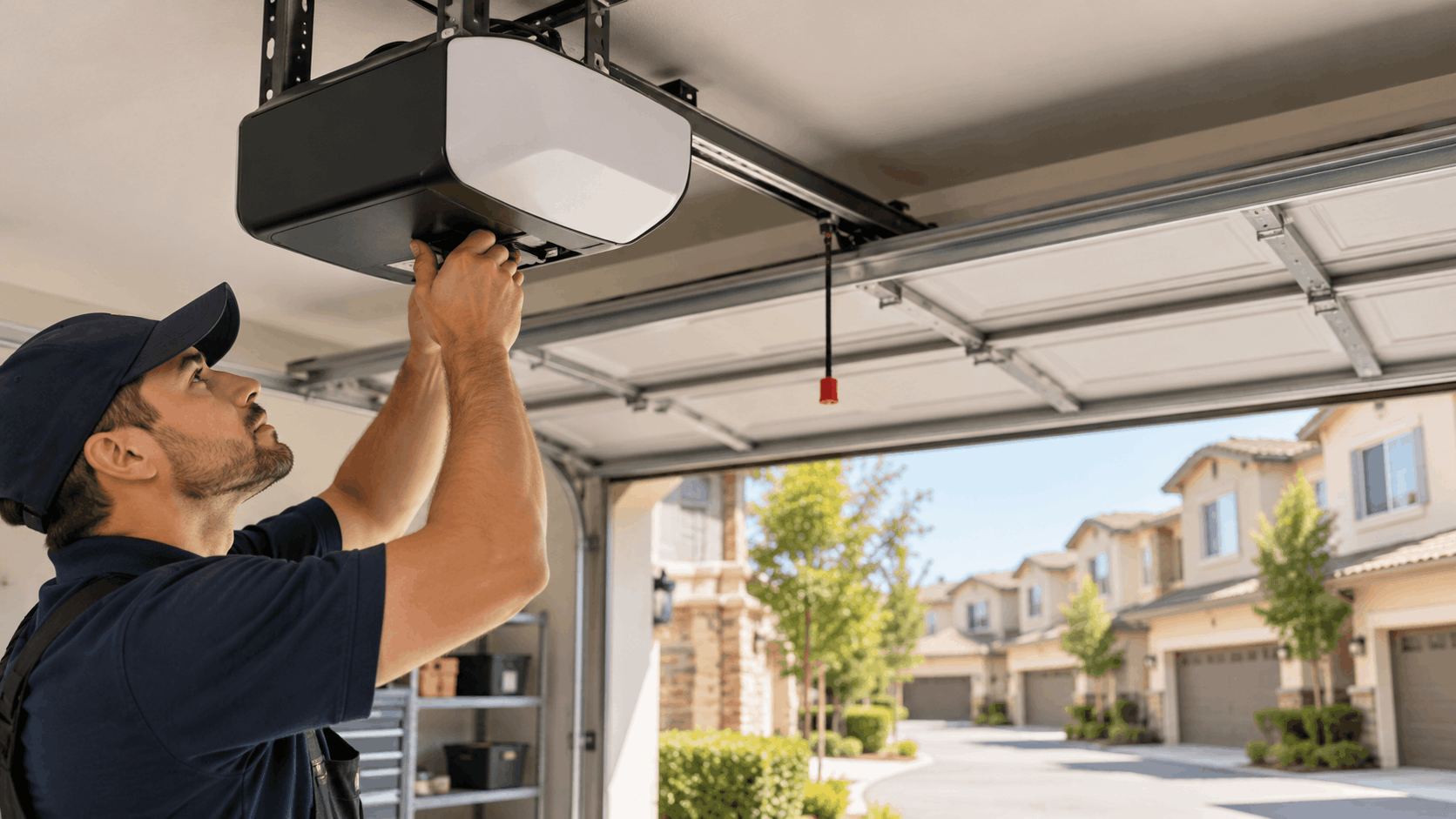 Technician installing garage door opener motor unit in suburban Tustin neighborhood