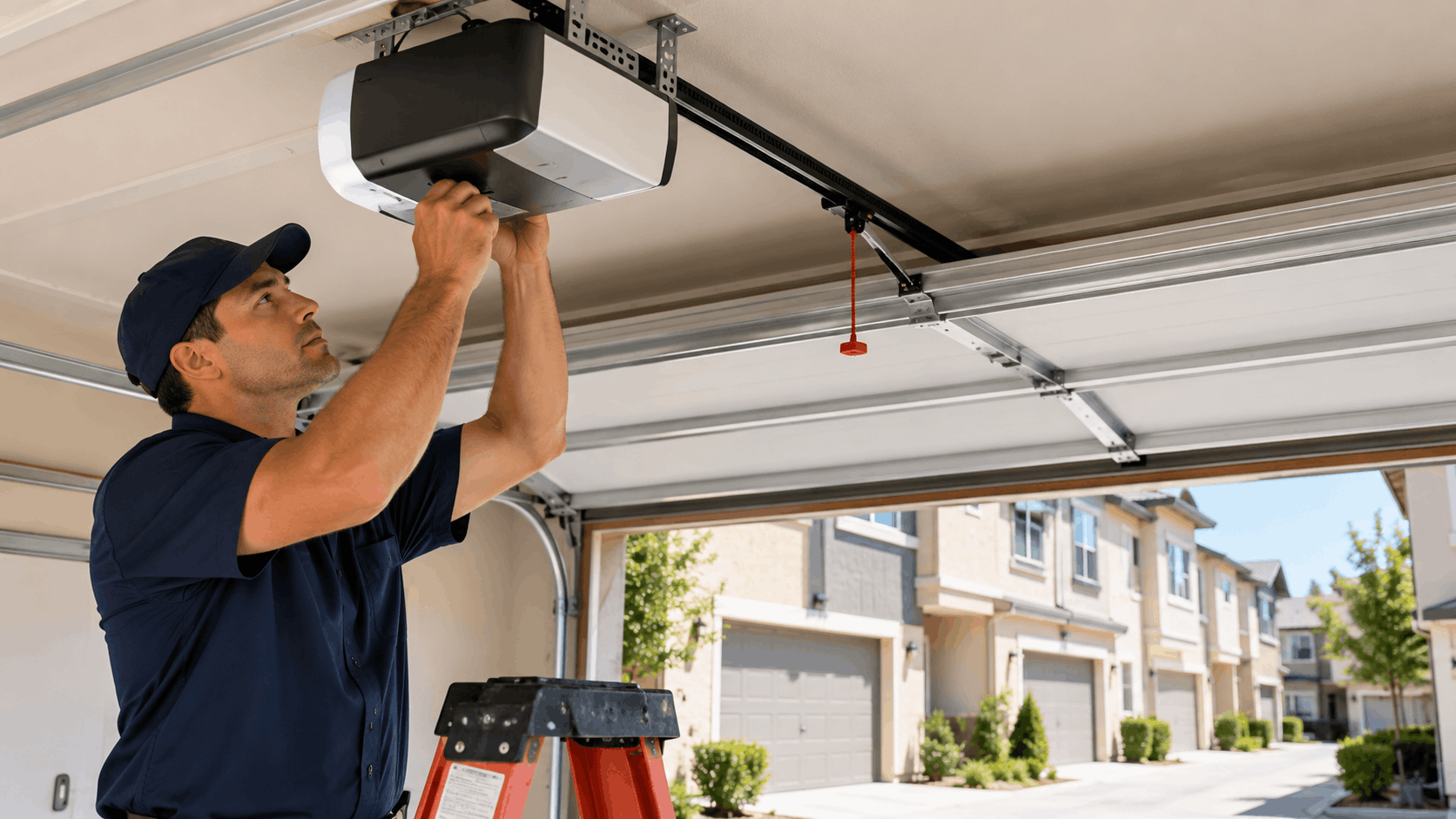 Technician installing garage door opener motor unit on ceiling track in Irvine neighborhood