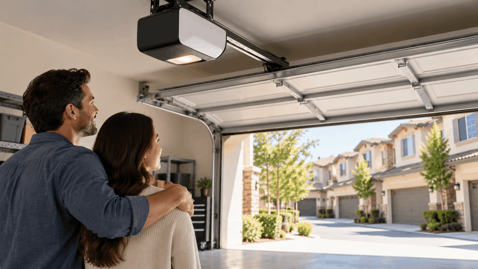 Couple standing in garage with battery backup opener viewing Irvine suburban neighborhood