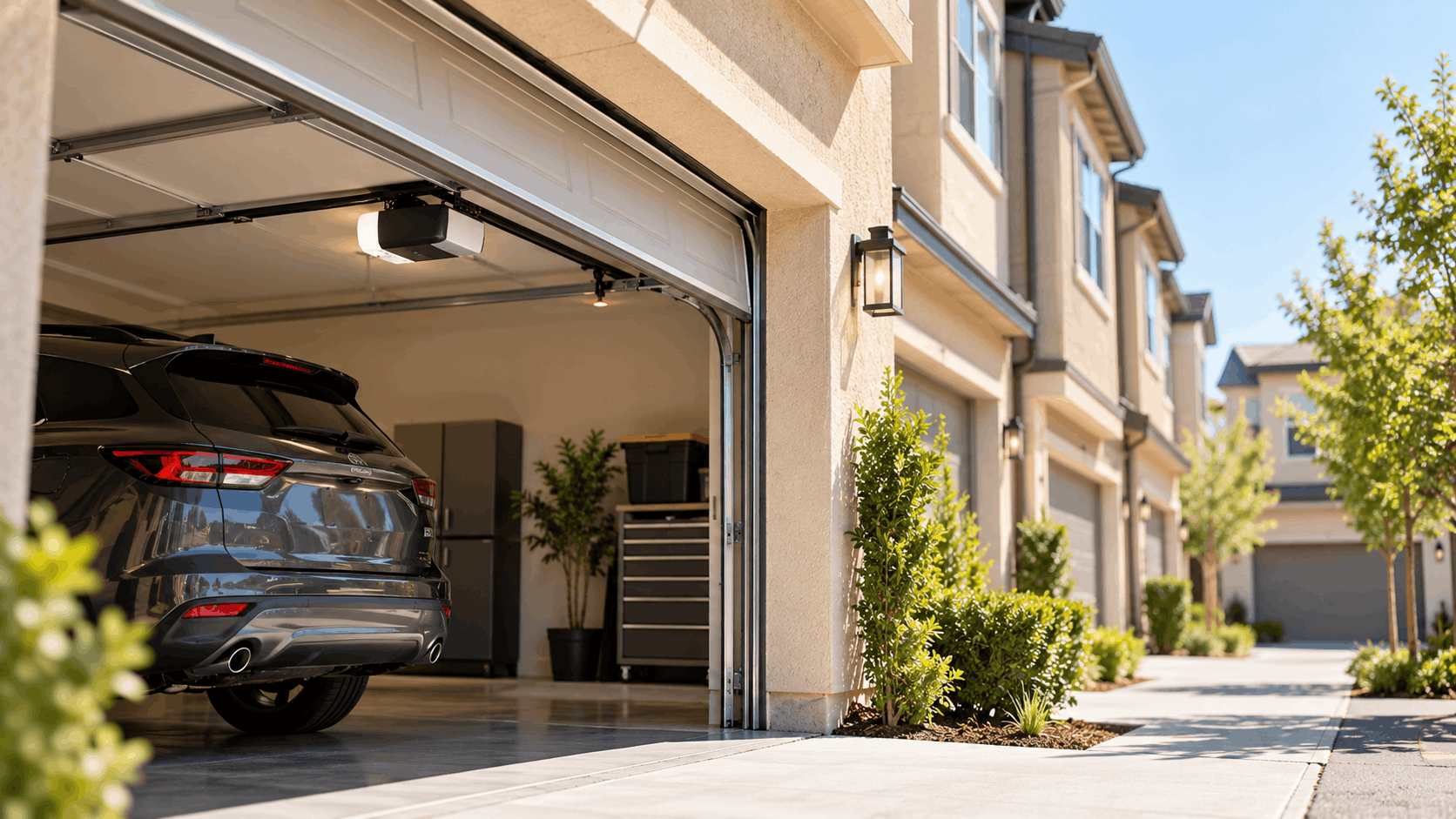 Dark SUV parked in open townhome garage with automatic door opener in Irvine