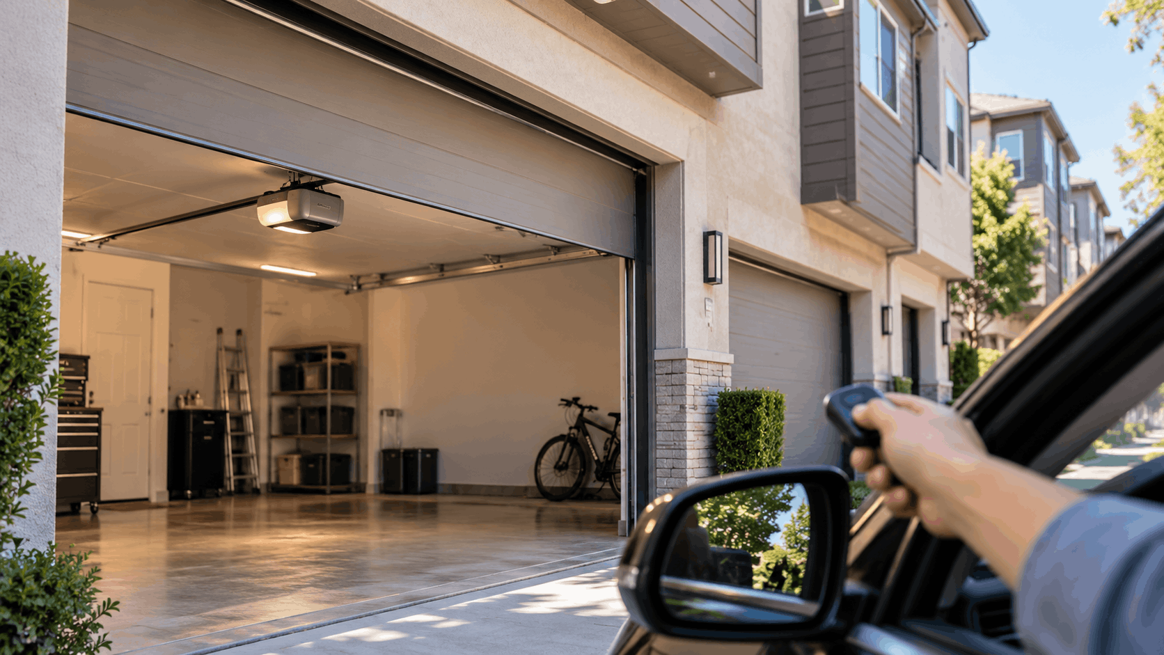 Person using garage door remote from car window at modern Tustin townhome with quiet opener