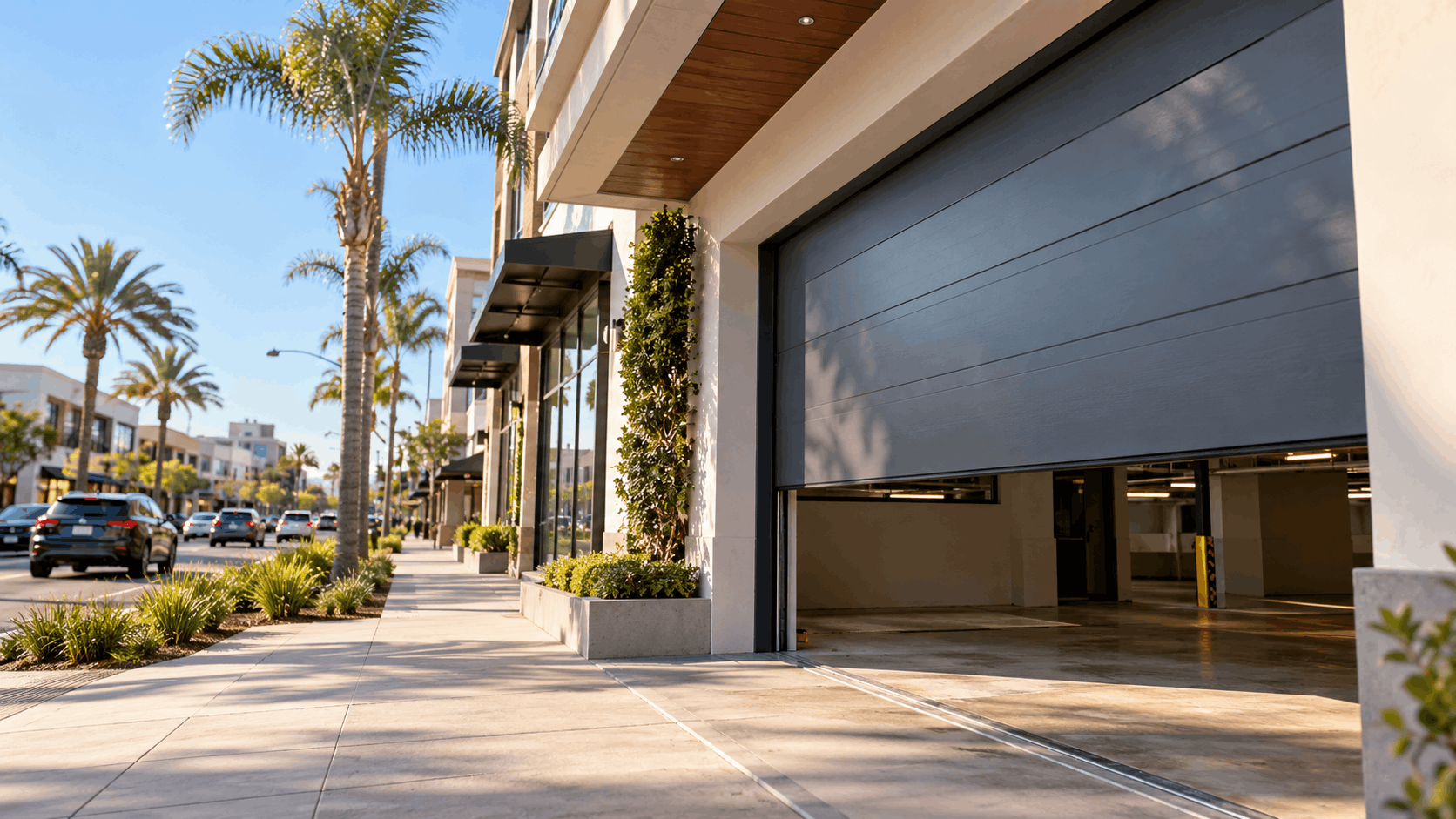 Modern commercial garage door partially open on sunny Irvine palm-lined street
