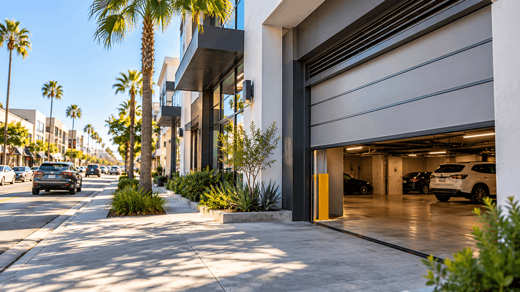 Modern Irvine apartment garage door with palm trees and coastal urban streetscape