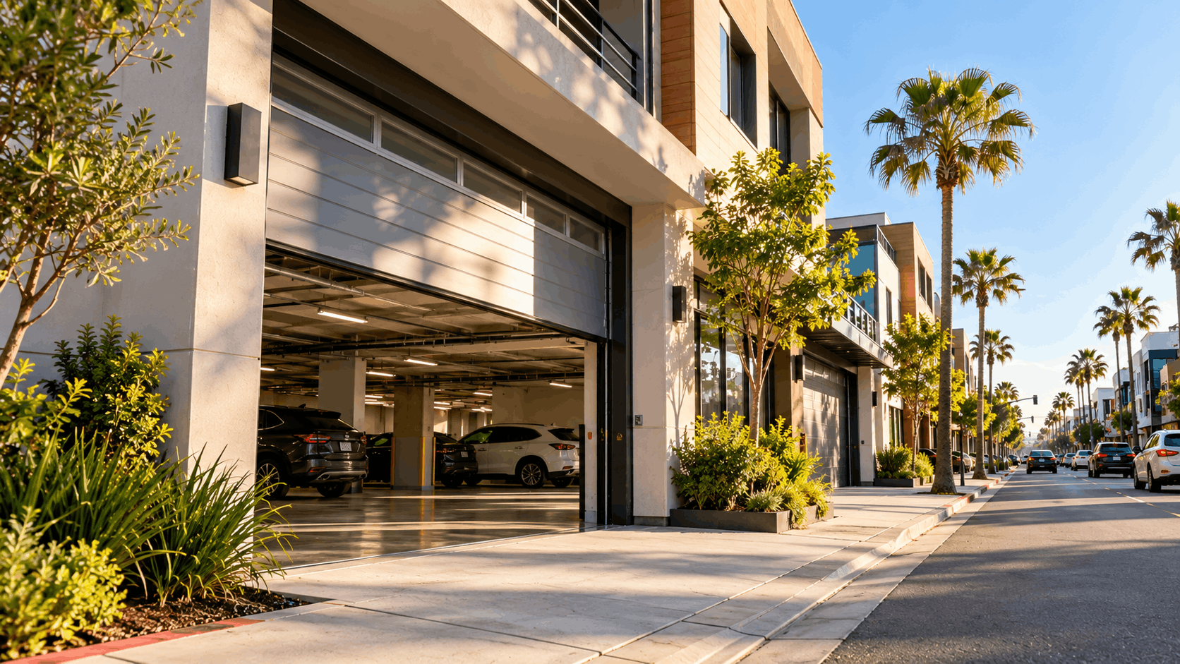 Modern residential garage door entrance with parked cars palm trees Irvine California