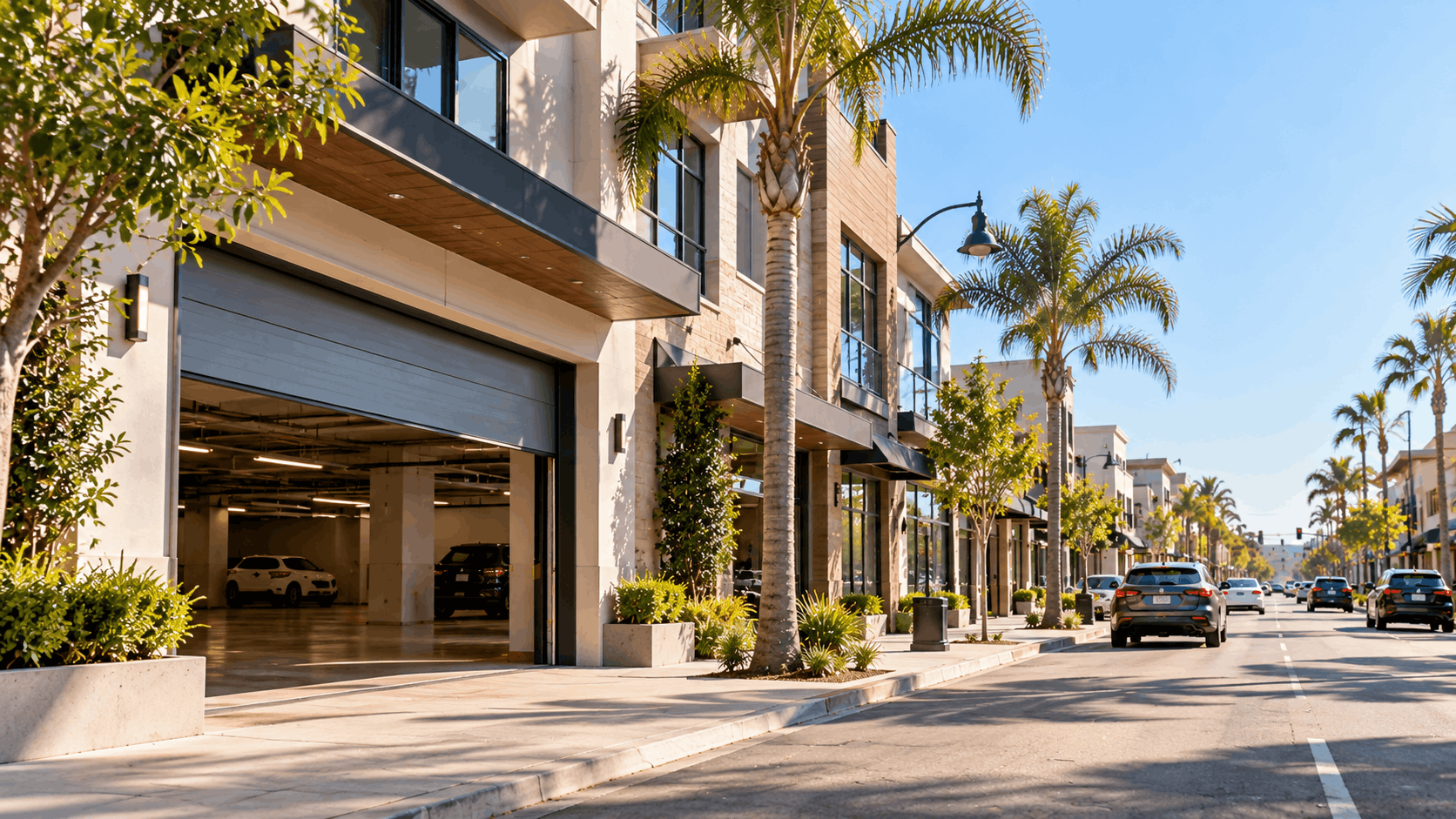 Modern commercial garage door on Costa Mesa Irvine mixed-use building with palm trees