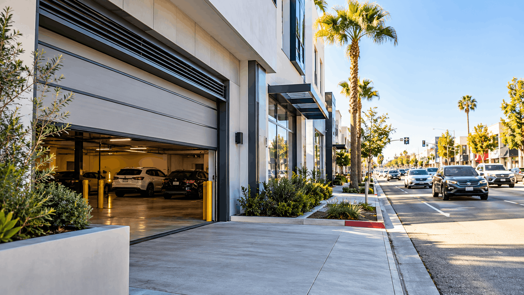 Modern commercial garage door open on sunny Irvine street with palm trees