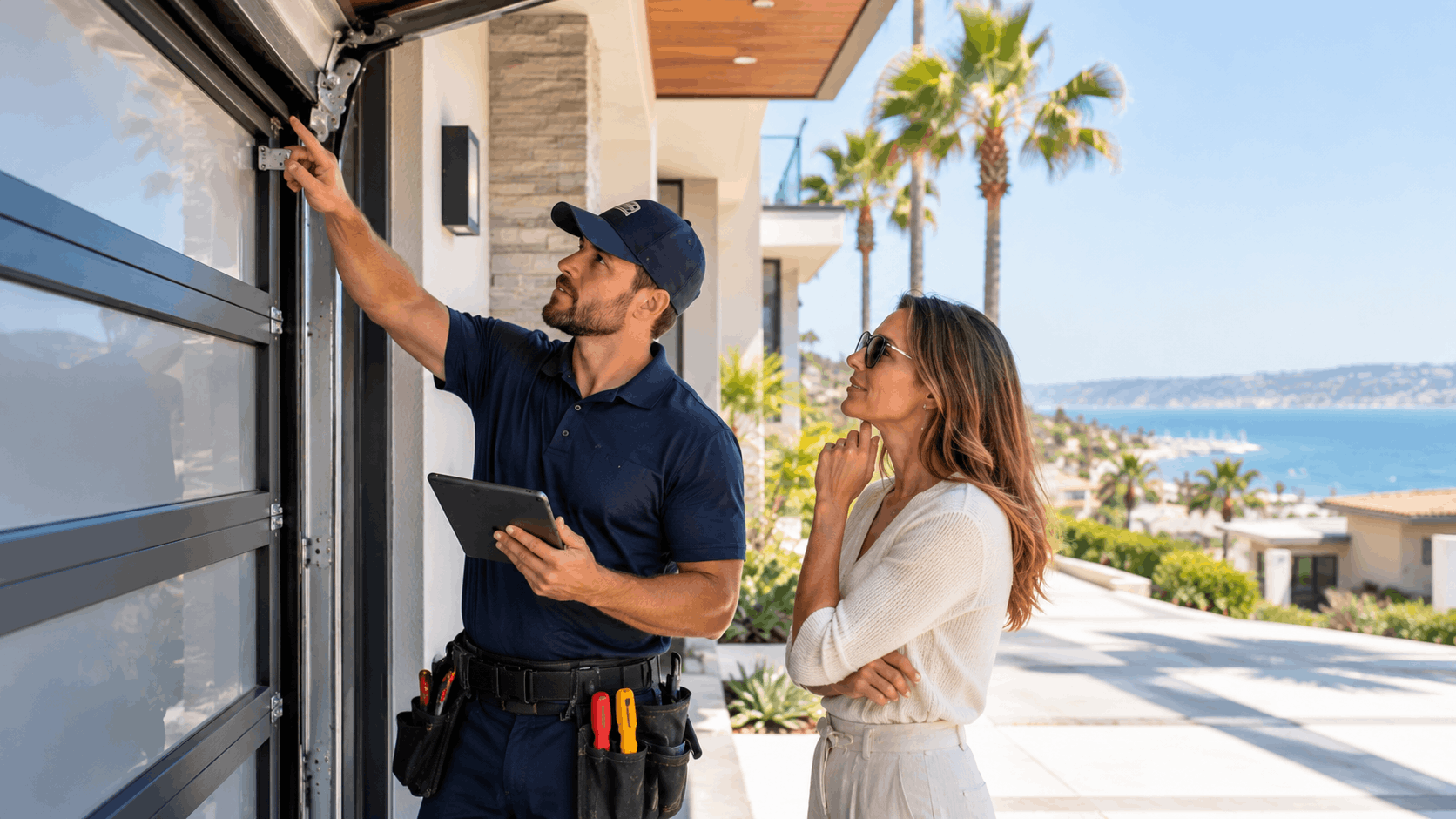 Garage door technician inspecting hinges with tablet while homeowner watches in Newport Beach