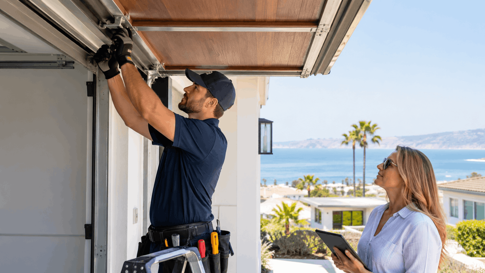 Garage door technician repairing overhead door track at Irvine coastal home with homeowner