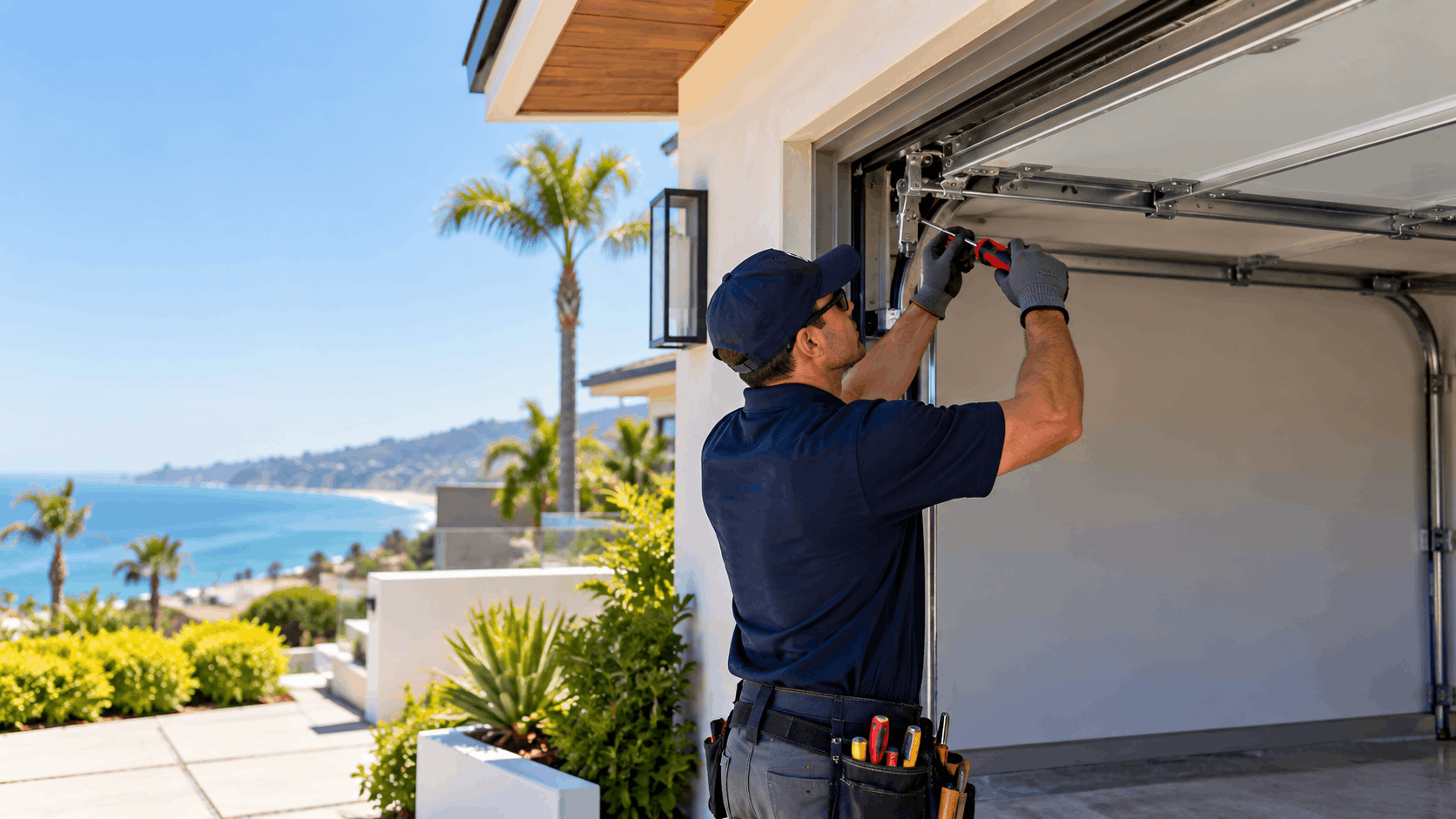Garage door technician repairing track and springs at Newport Beach coastal home