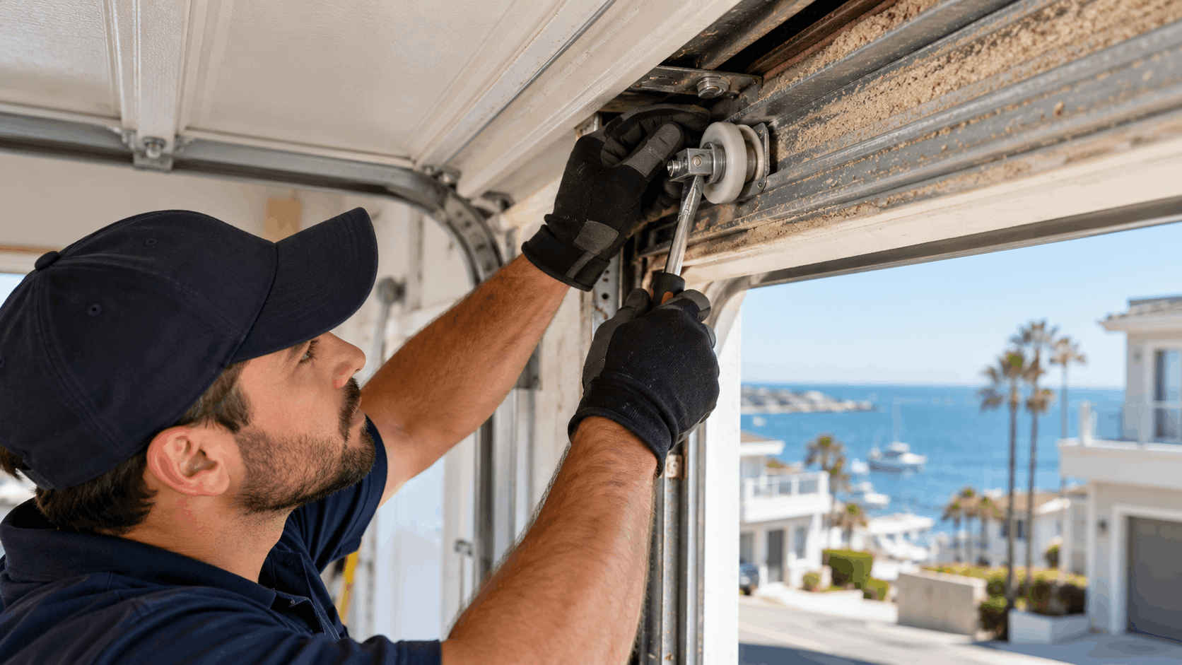 Garage door technician repairing sandy track rollers in Balboa Peninsula coastal home