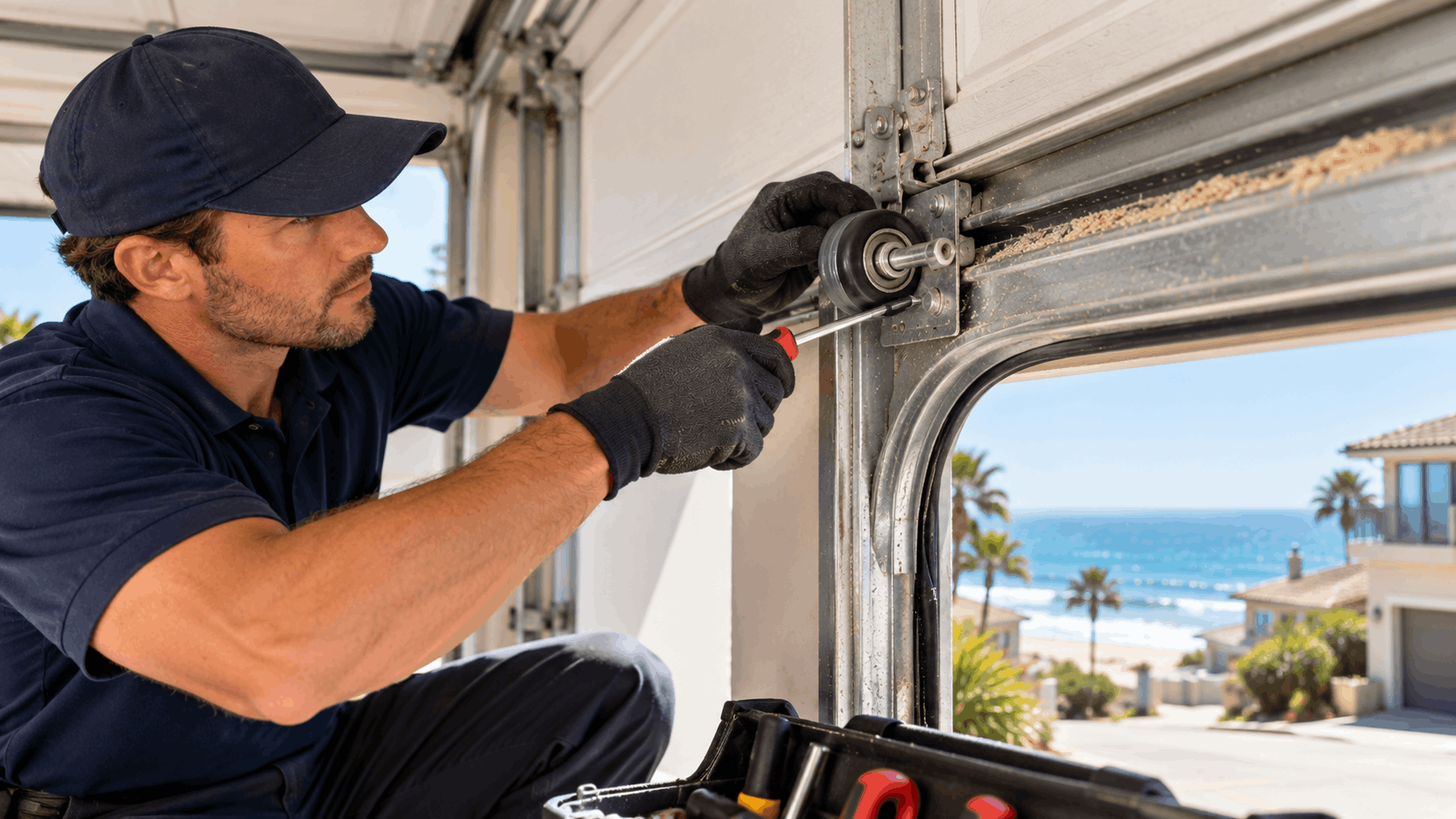 Garage door technician repairing corroded roller hardware near coastal beach neighborhood